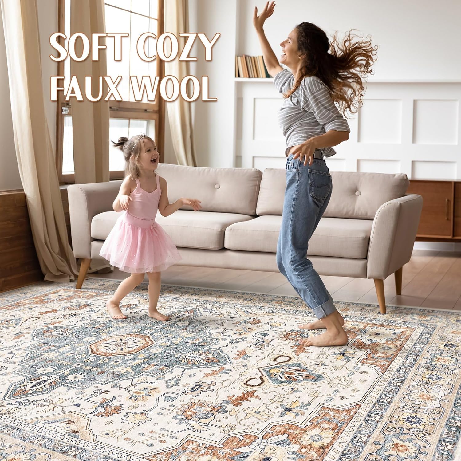 Thumbnail 2 de 8x10 Washable Boho Area Rug for Living Room, Beige/Blue, Non-Slip Low-Pile (Stain Resistant)