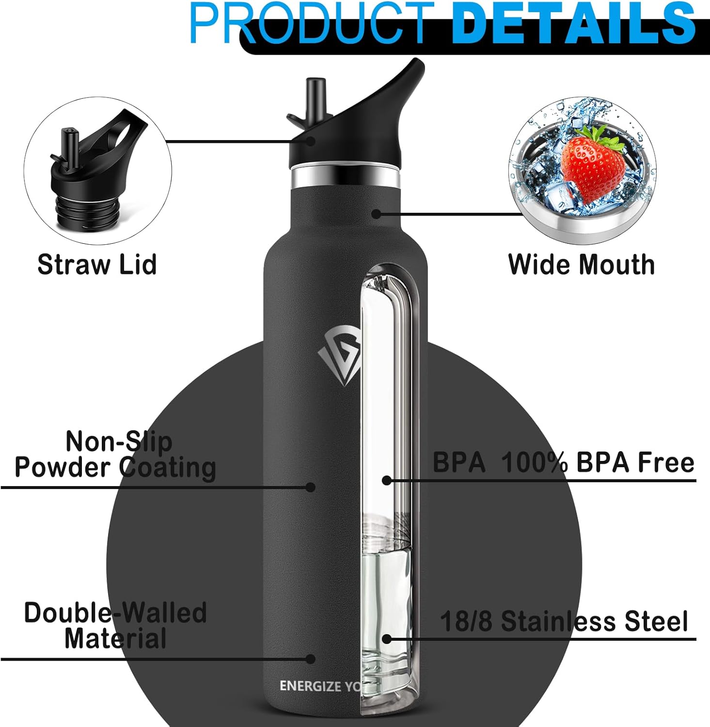 Thumbnail 1 de Grsta borraccia termica da 1 litro in acciaio inox con cannuccia e doppi tappi anti-perdita