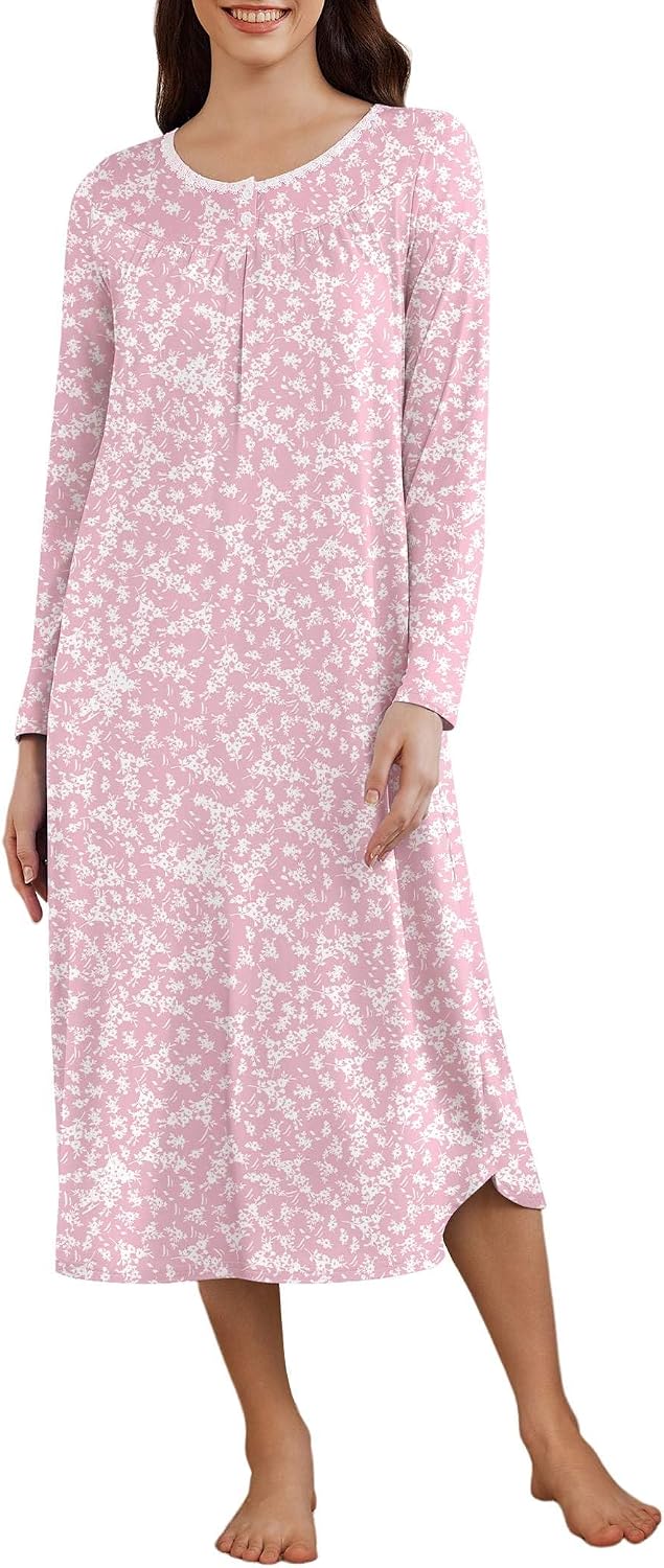 Detalle 2 de Ekouaer Women's Long-Sleeve Henley Nightgown with Pockets, Stretch Fabric