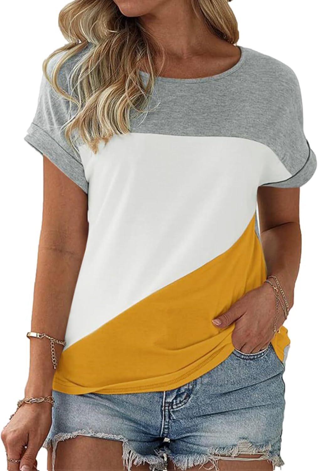 Thumbnail 6 de Fisoew Damen T-Shirt Rundhals Farbblock – locker sitzendes Baumwoll-Oberteil für den Sommer
