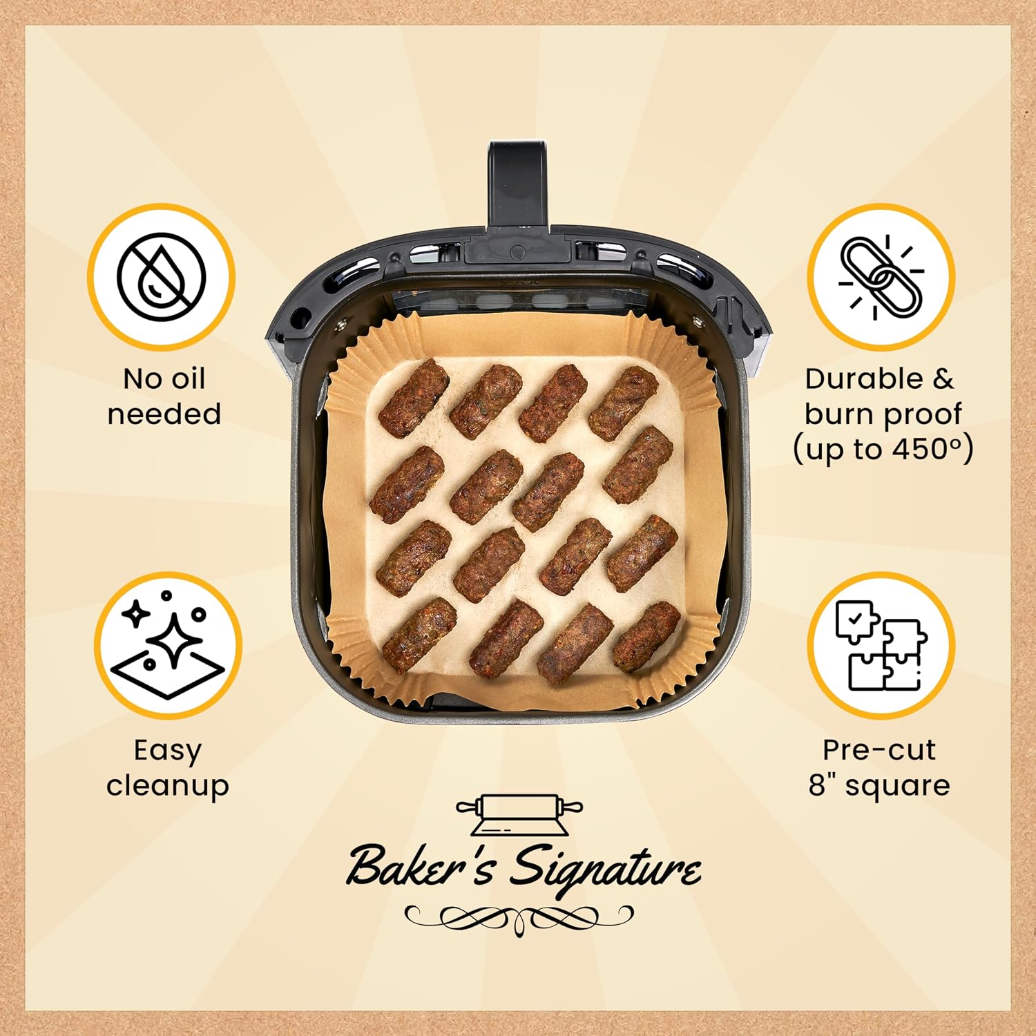 Detalle 2 de Baker's Signature BS-AIR-SQ208 Square Air Fryer Liners, 8-inch, 250 Count