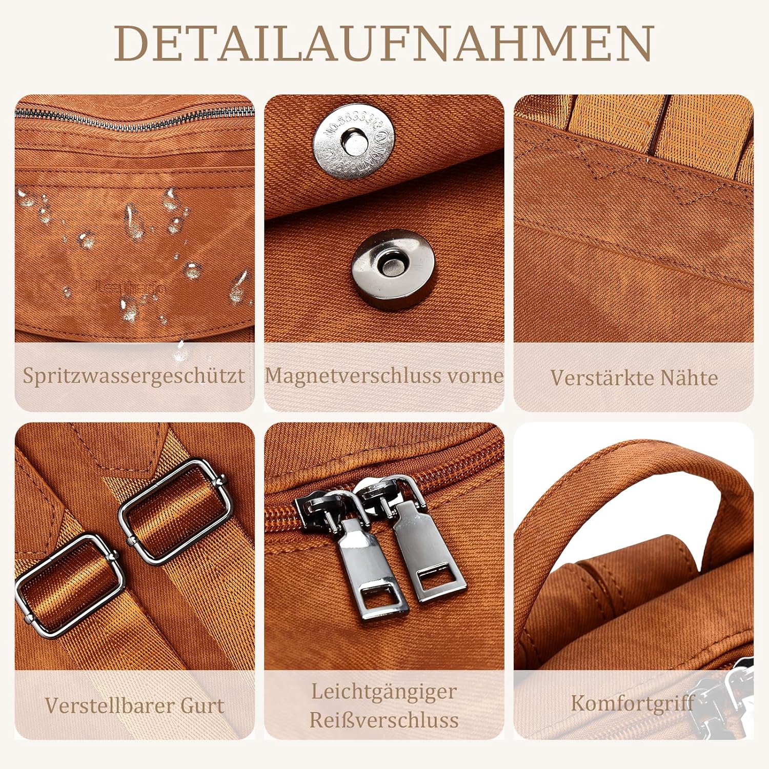 Detalle 2 de LEASOUL Damen Rucksack-Set wasserdicht mit RFID-Schutz, veganem Leder und Diebstahl-Features