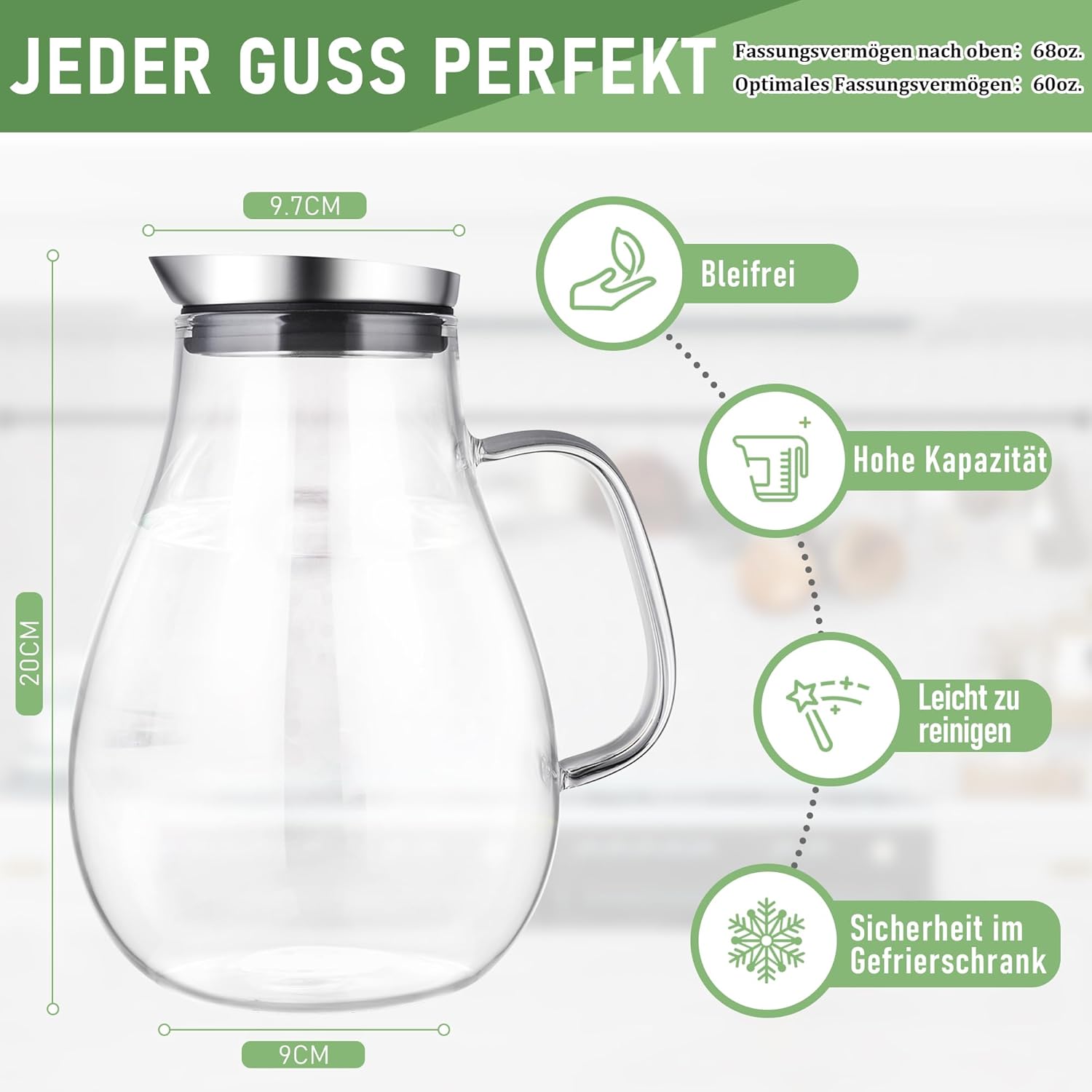 Thumbnail 4 de SUSTEAS 2-Liter Glas-Karaffe mit Deckel und Auslauf (Borosilikat, SUS304) – für Wasser, Eistee & mehr