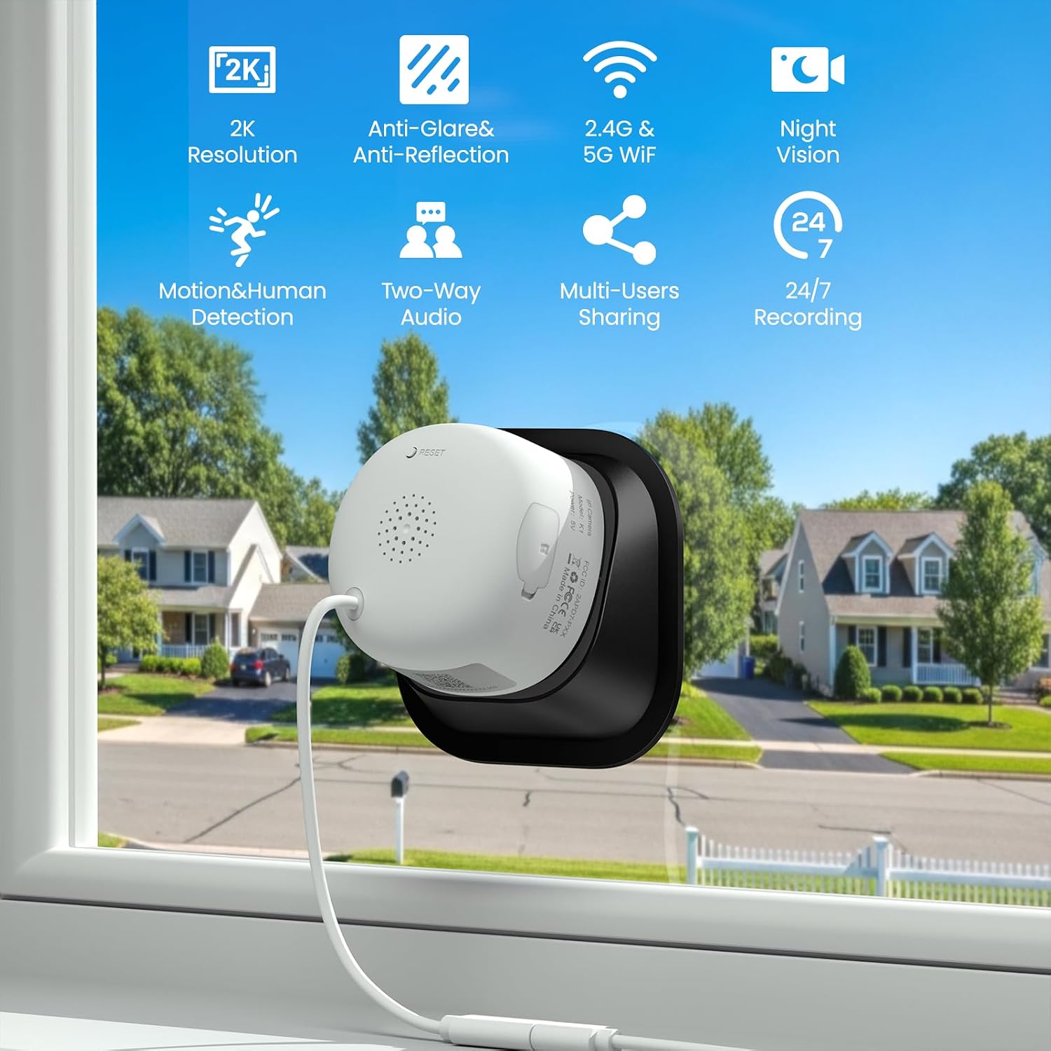 Thumbnail 1 de Wansview 2K Window Security Camera (K1) – Peel-and-Stick Indoor/Outdoor View with 2.4GHz & 5GHz WiFi