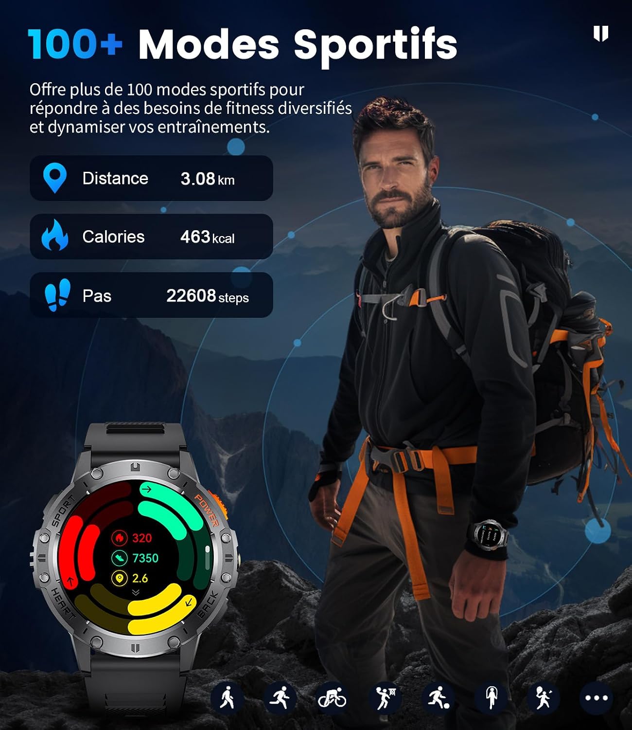 Detalle de Montre Connectée Homme avec Appels Bluetooth et 120+ Modes Sportifs – Écran AMOLED 1,43", IP68