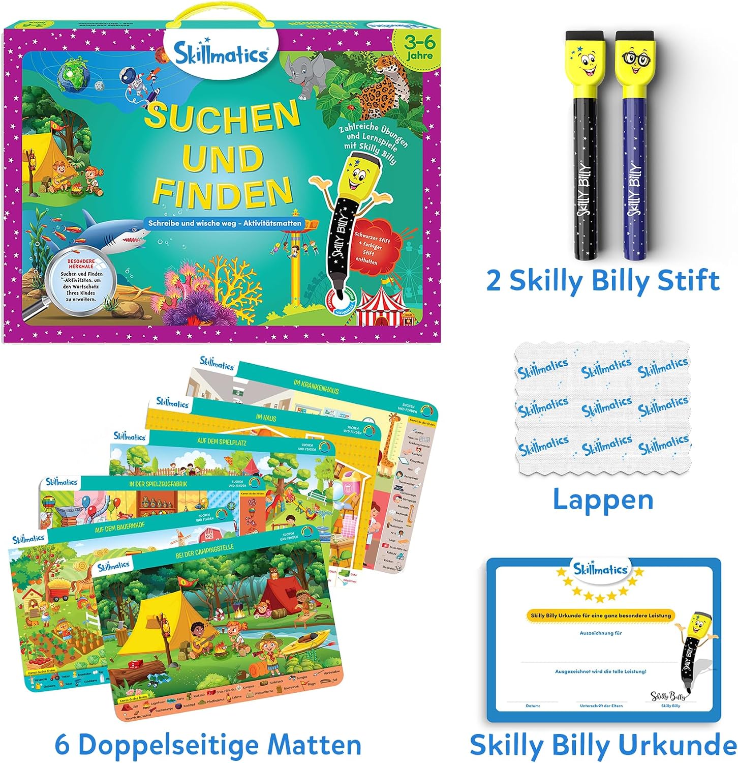 Detalle de Skillmatics Lernspiel – Suchen und Finden: Wiederverwendbare Aktivitätsmatten für Vorschulkinder (3–6 Jahre) mit 2 Stiften