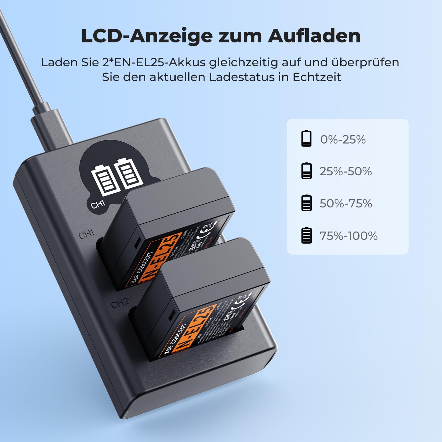 Detalle 2 de K&F CONCEPT EN-EL25 2er-Ersatzakku-Set inkl. Dual-Slot-Ladegerät mit LCD für Nikon Z30, Z50, ZFC & Z50ii