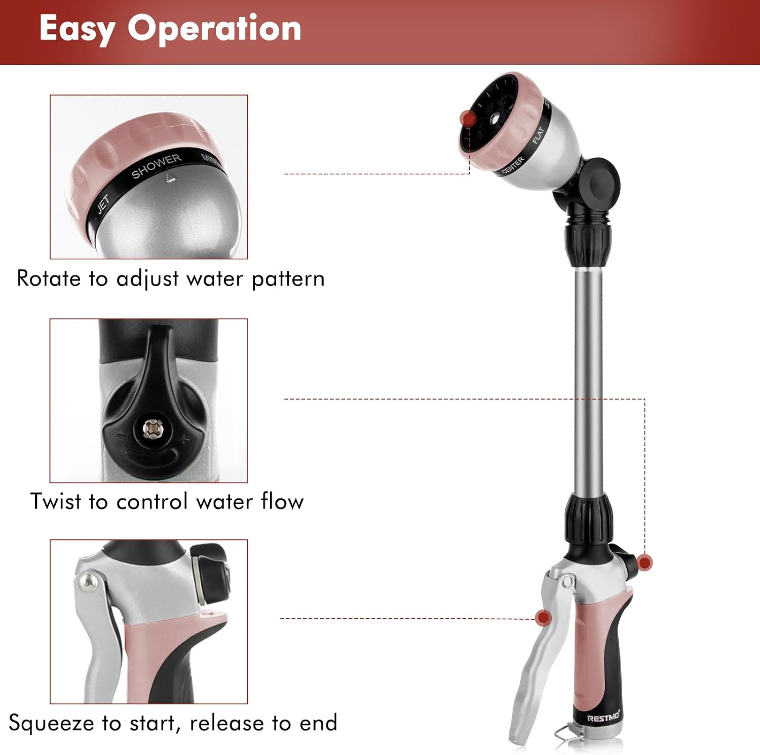 Detalle de RESTMO 48cm Watering Lance: 180° Swivel Head, 7 spray patterns