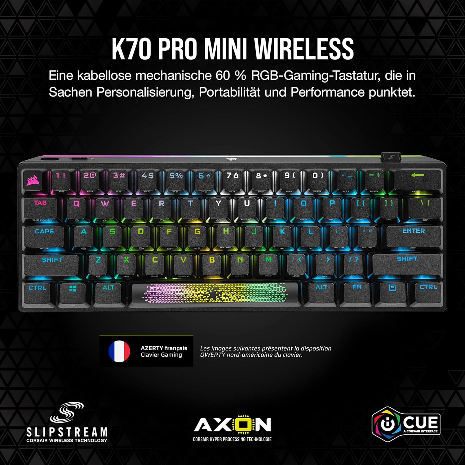 Detalle 2 de Corsair K70 Pro Mini Wireless RGB 60%: Clavier de jeu compact et polyvalent