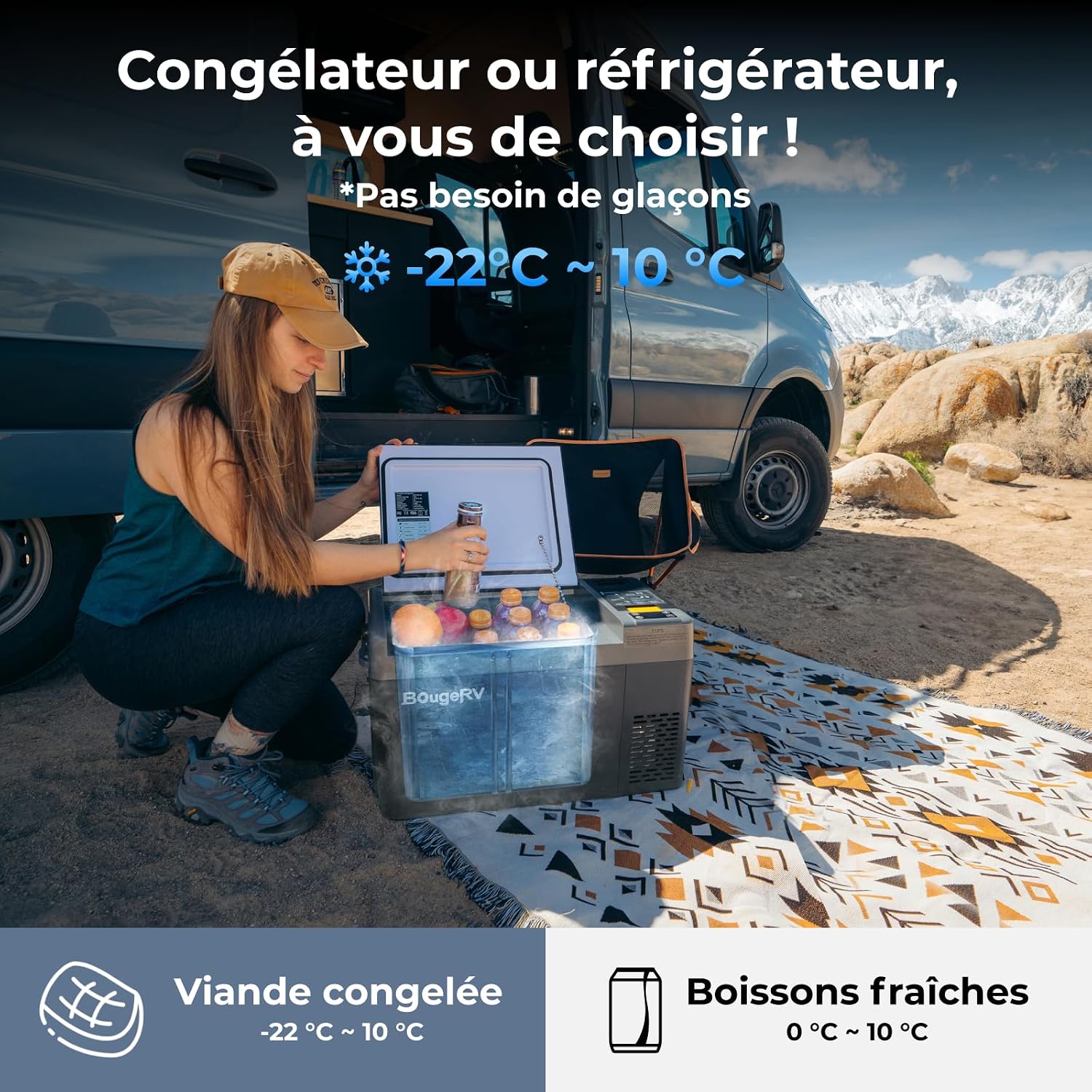 Detalle de BougeRV CRPRO glacière à compression 20 litres (−22 °C à 10 °C) 12/24V DC & 110-240V AC