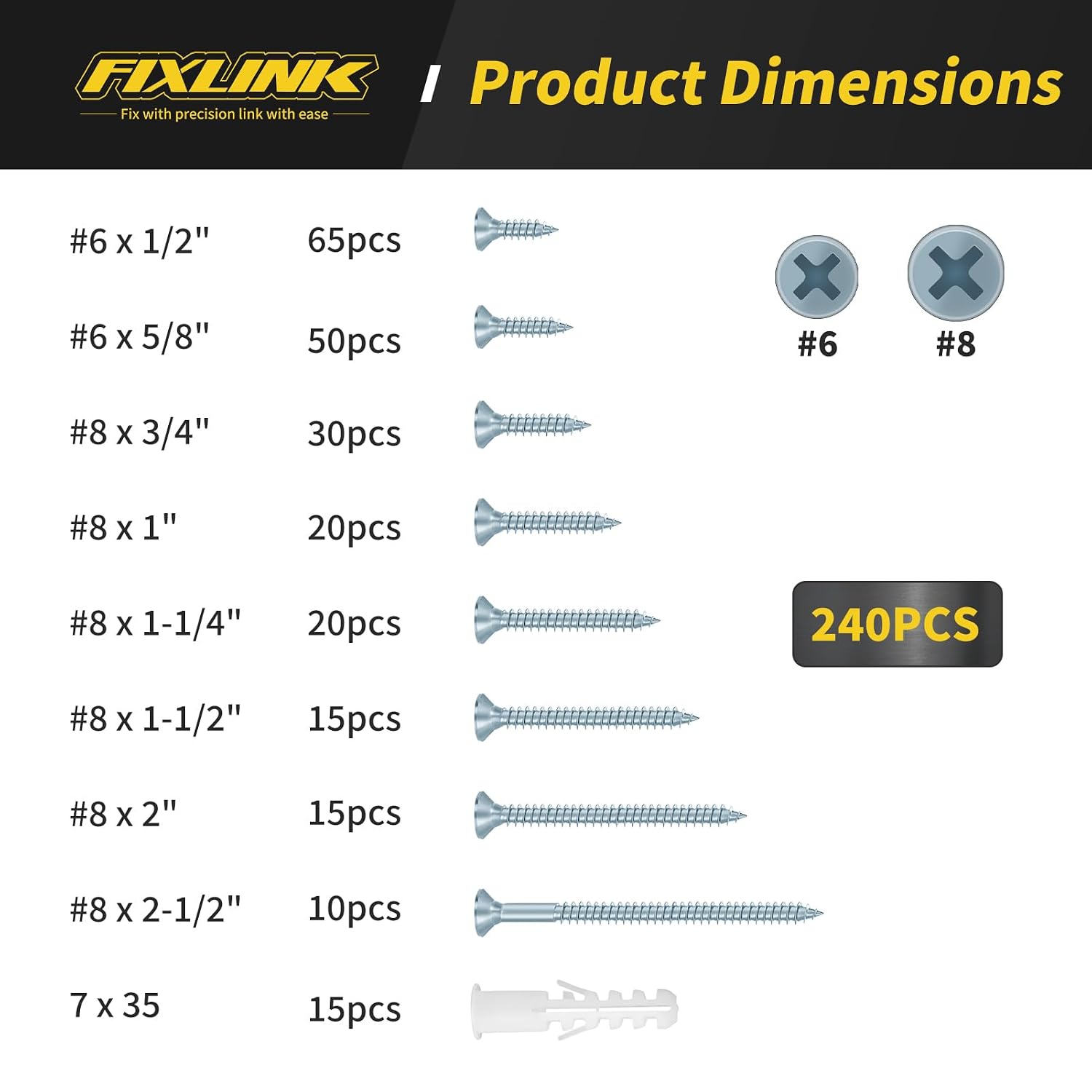 Detalle de FIXLINK 240PCS Wood Screw Assortment Kit, Zinc-Coated, 8 Sizes