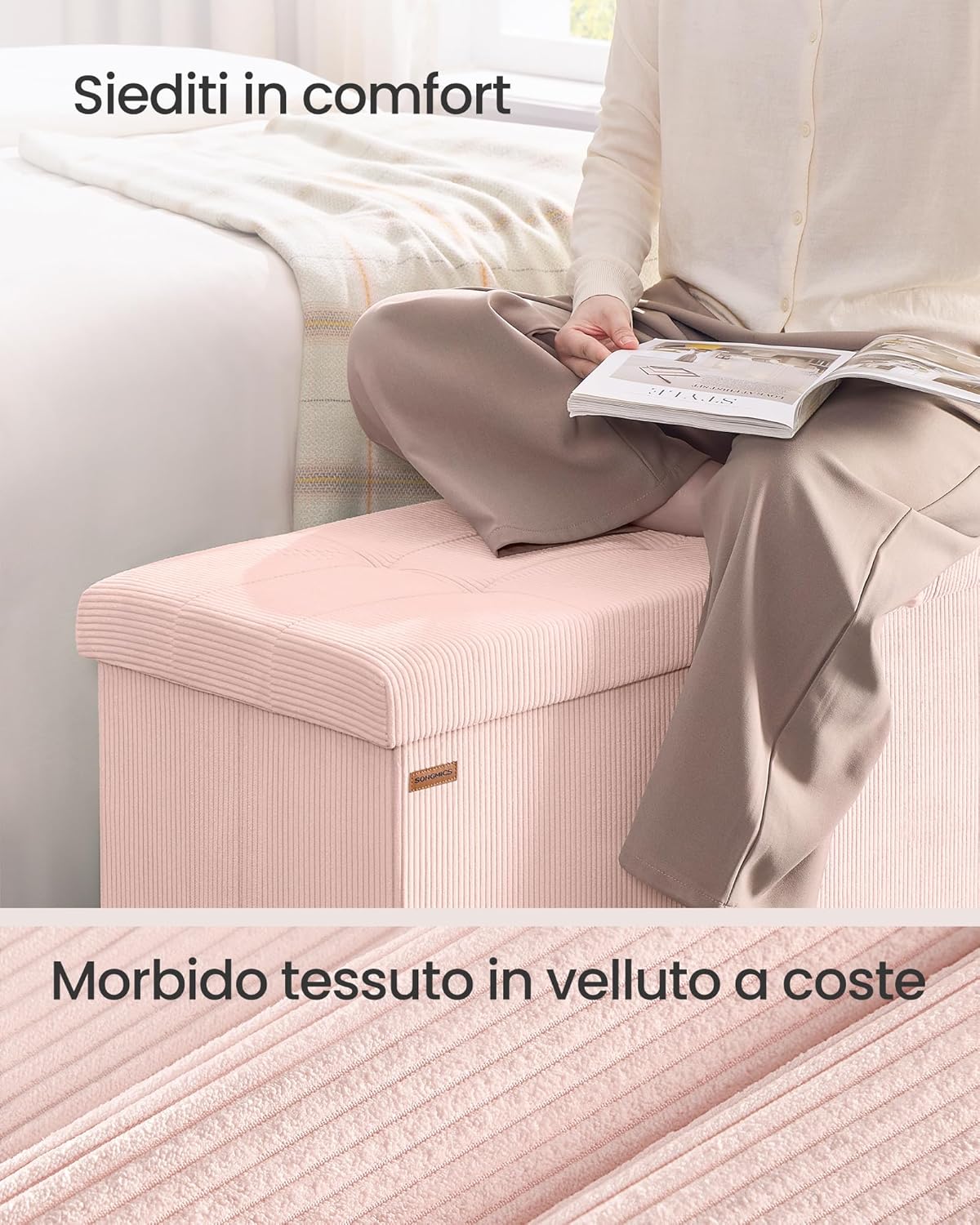 Thumbnail 3 de SONGMICS Panca Contenitore LSF603R01 pieghevole rosa pastello, 38 x 76 x 38 cm