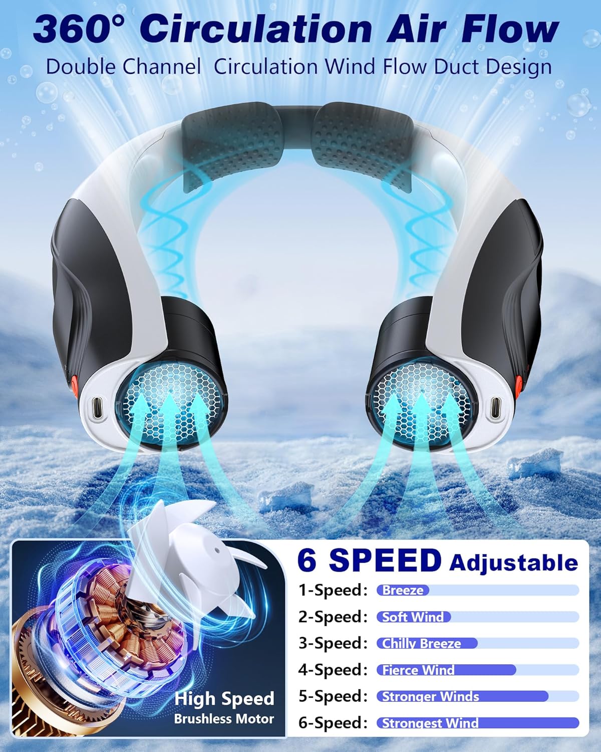 Thumbnail 3 de Portable Neck Fan with 6 Speeds and 6000mAh USB-C Rechargeable Battery – Hands-Free Wearable Cooling Fan