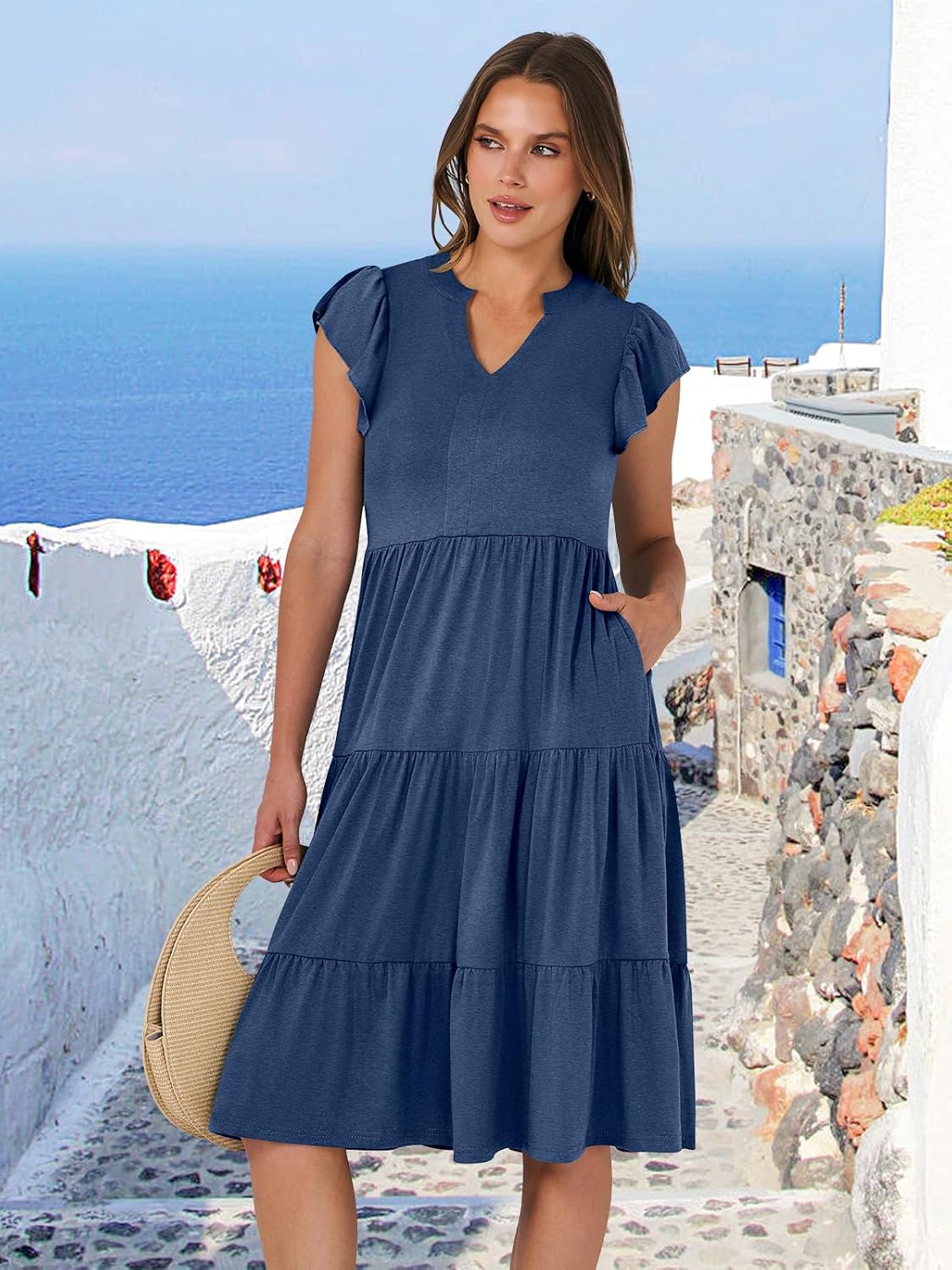 Thumbnail 3 de ANRABESS Women's Summer Dress with Ruffle Sleeves, V-Neck Midi Boho Sundress