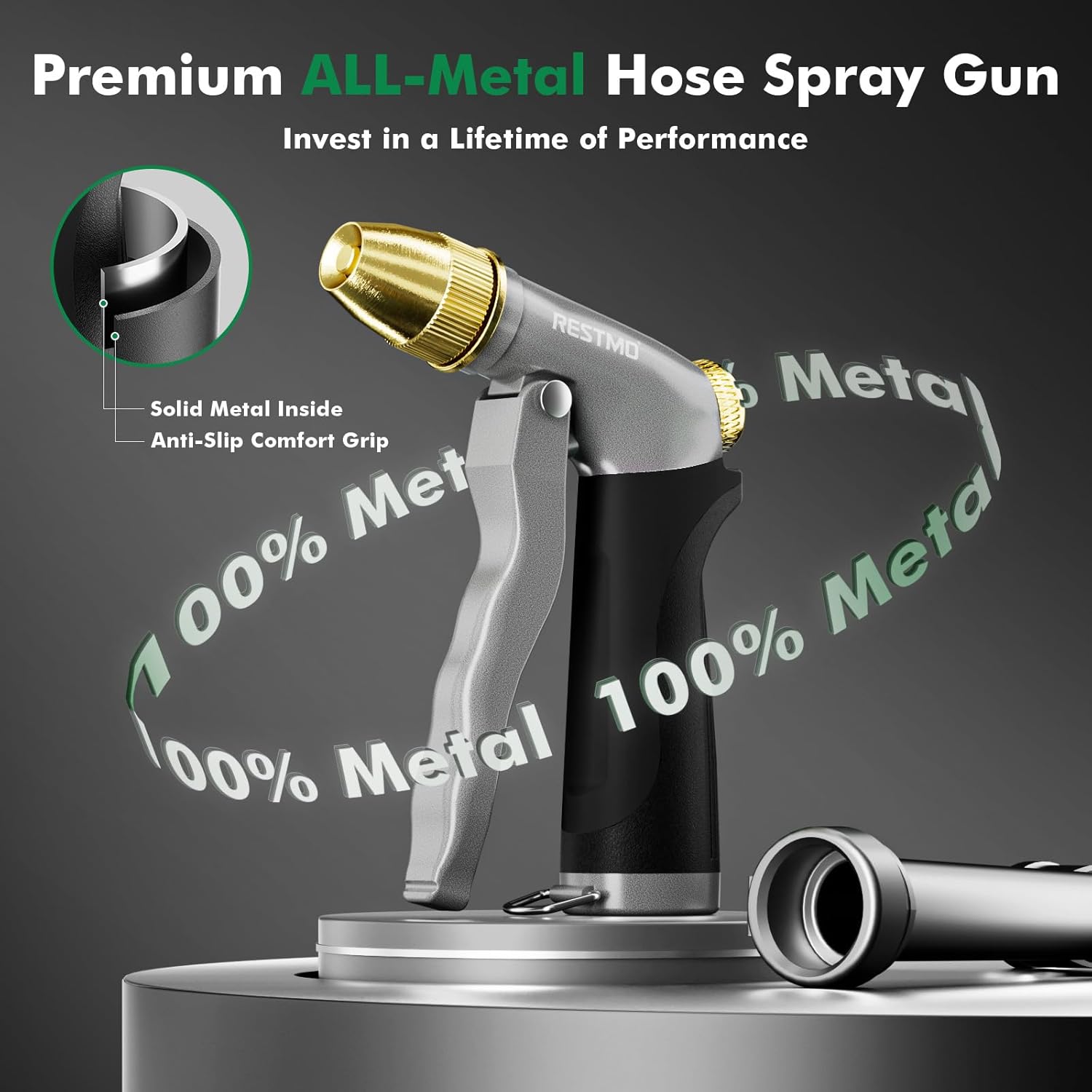 Thumbnail 2 de RESTMO High Pressure Hose Pipe Spray Gun (100% metal, solid brass head, 4 spray patterns) – Black