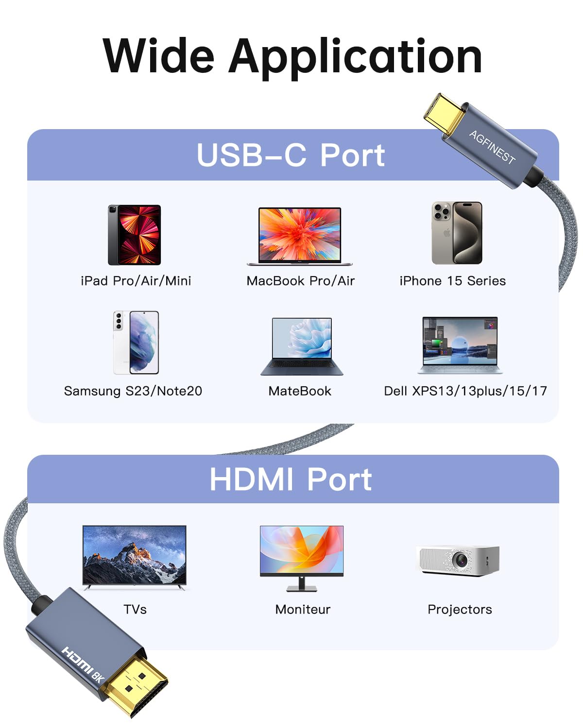 Thumbnail 5 de AGFINEST USB C to HDMI 2.1 Cable 8K@60Hz / 4K@144Hz – 2m