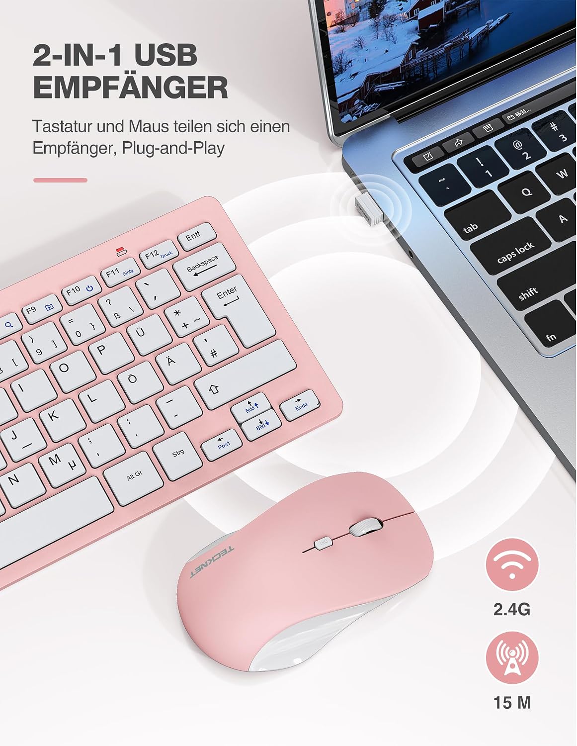 Detalle de TECKNET Kabelloses Tastatur- und Maus-Set Rosa – Deutsch QWERTZ, 2,4 GHz, 15 m Reichweite