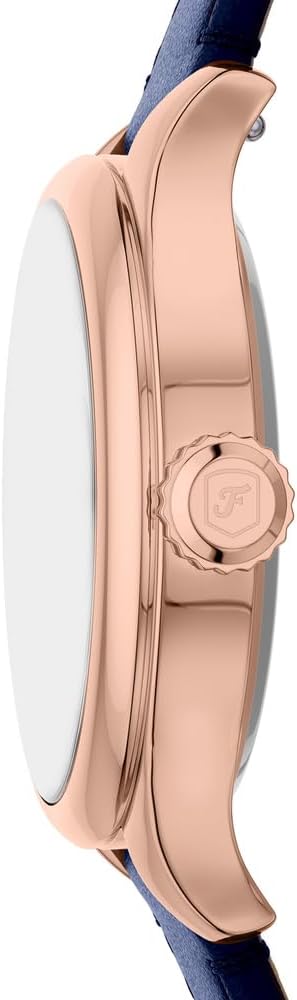 Detalle de FOSSIL Gilmore Damen-Armbanduhr – Quarz, roségoldenes Gehäuse, blaues Zifferblatt und blaues Lederarmband