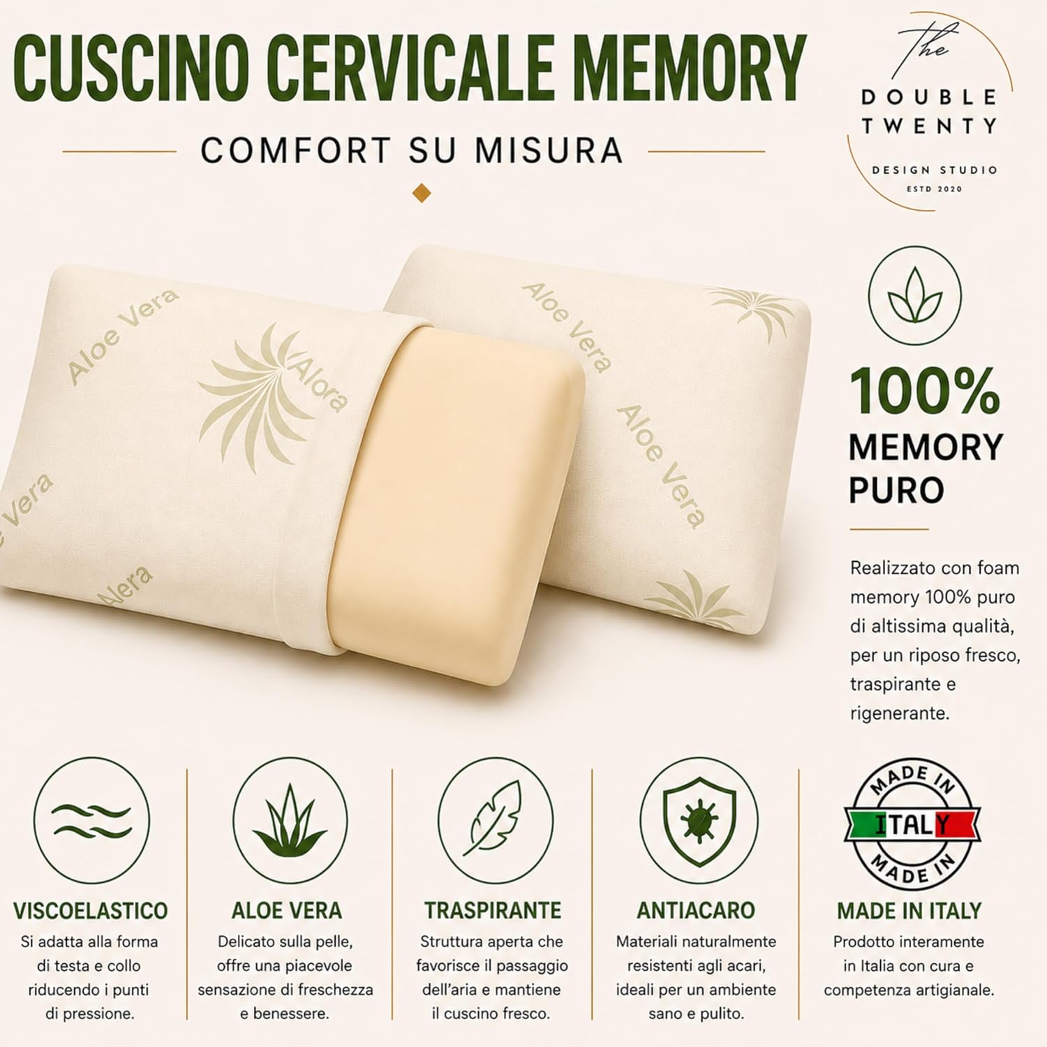 Thumbnail 3 de The Double Twenty – Cuscino Memory Foam a Saponetta da 12 cm con Federa Aloe Vera, supporto cervicale ed ortopedico