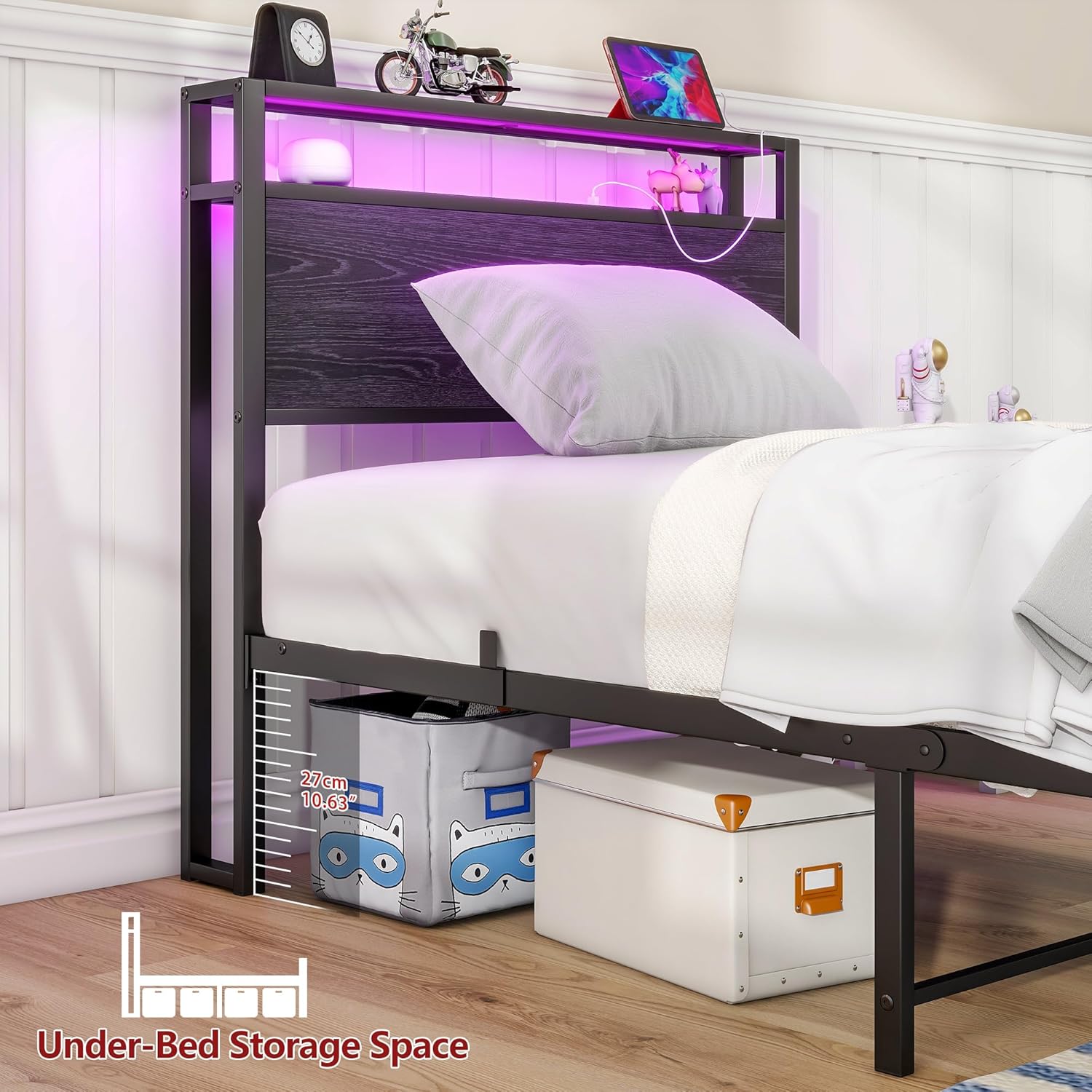 Detalle 2 de HOJINLINERO Telaio per letto 90x200 cm in metallo e legno con scomparti, ricarica USB e LED