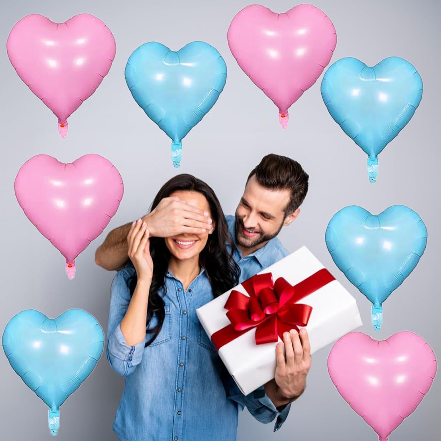 Thumbnail 5 de Pink Blue Heart Balloons, 18 Inch Foil Heart Balloons — 10-Pack Set (5 Pink, 5 Blue) with Ribbon