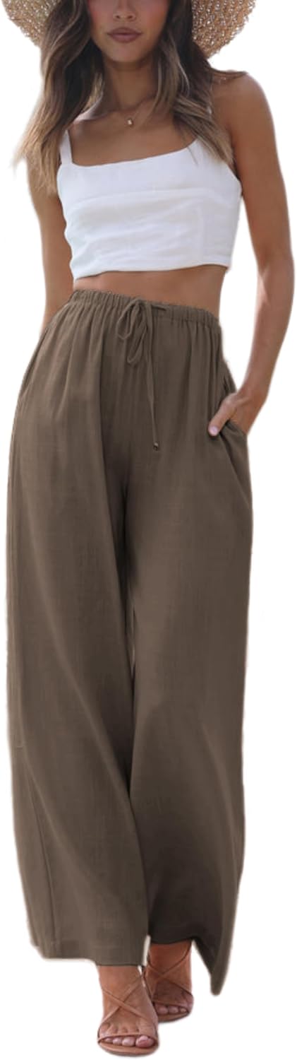 Detalle de Faleave Women's Cotton Linen Summer Palazzo Pants – Flowy Wide-Leg Beach Trousers with Pockets