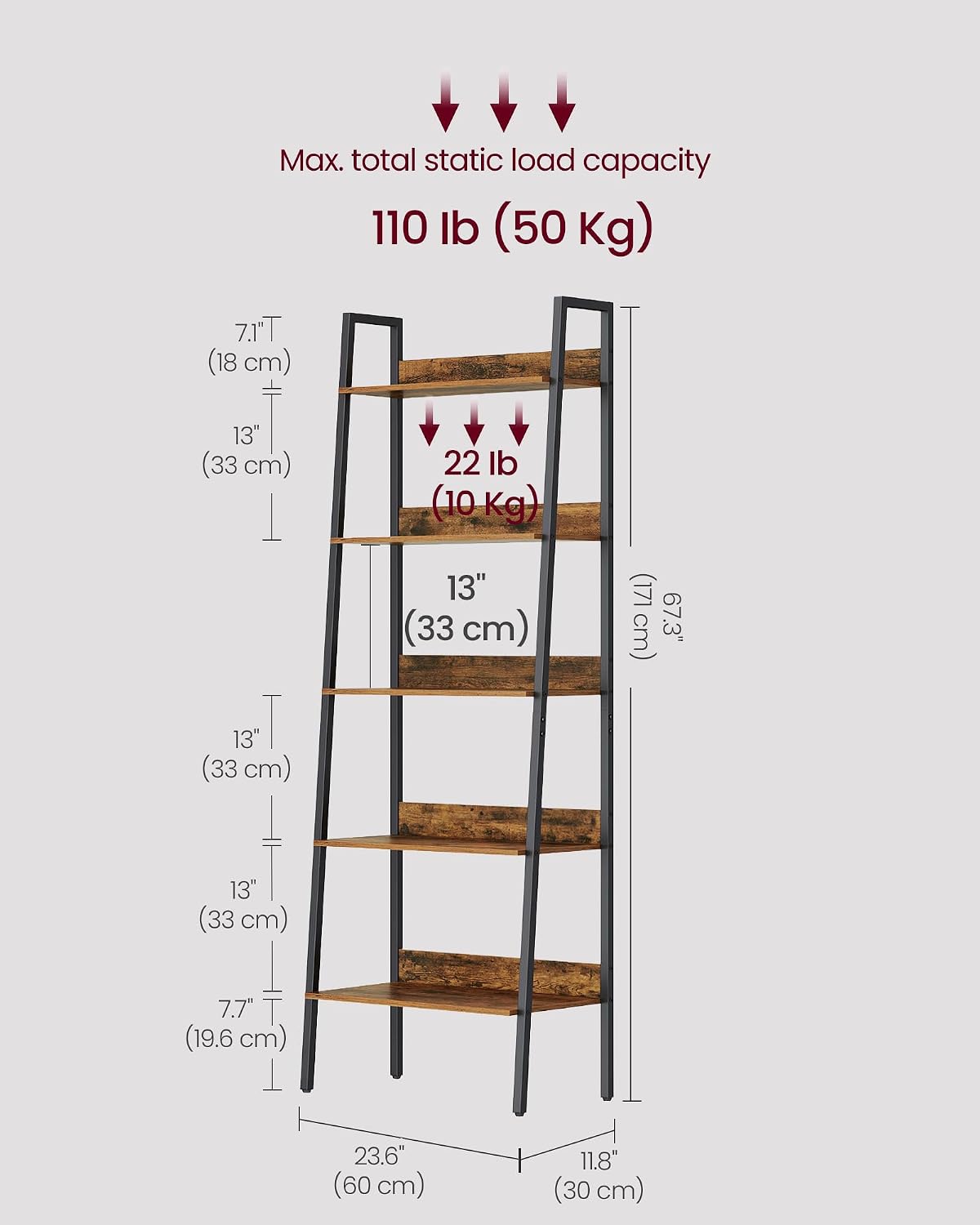 Thumbnail 6 de VASAGLE LLS067B01 BARNET 5-Tier Ladder Shelf, Rustic Brown and Black