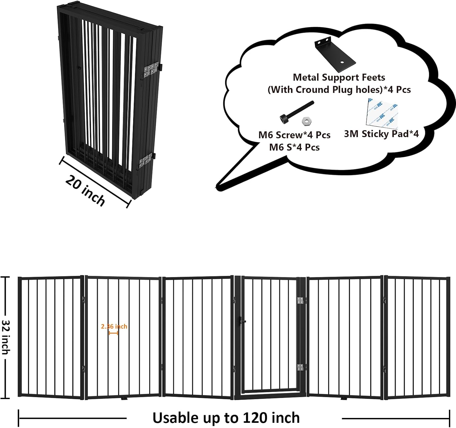 Thumbnail 3 de Xifamniy Free Standing Dog Gate with Door Walk Through (32'' Tall, 6 Panels, 120.5'' Wide) for Indoor & Outdoor Use