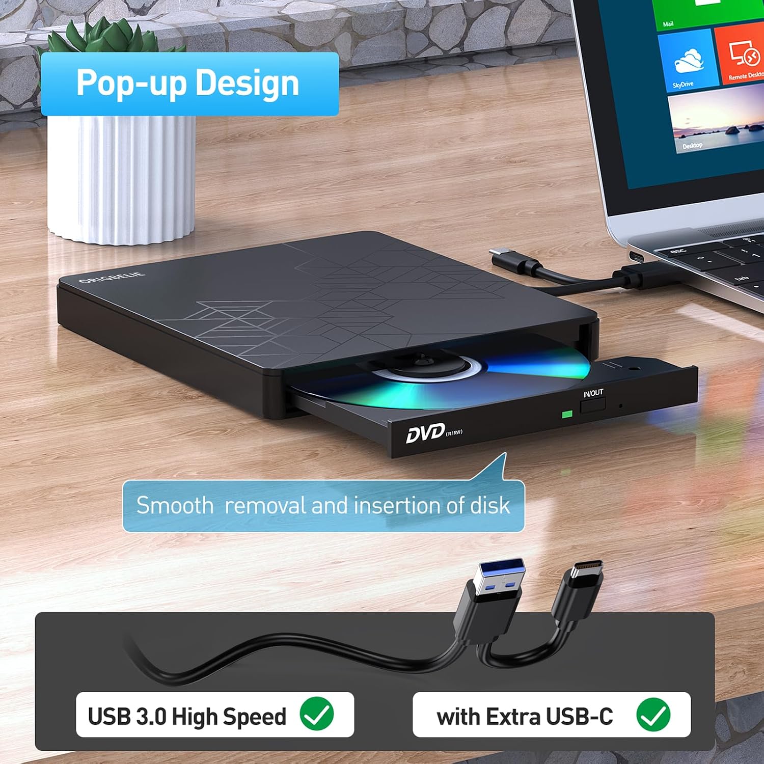 Detalle de ORIGBELIE External CD/DVD Drive with USB 3.0 Type-C — Portable Slim ODD for Laptops, PCs, and Mac