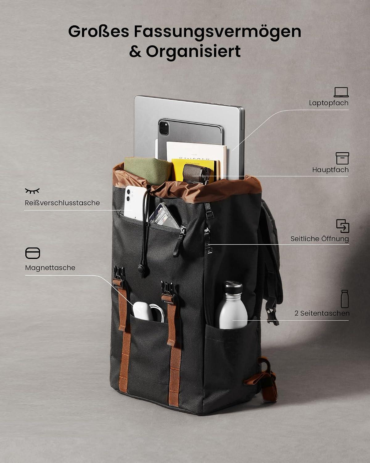 Thumbnail 2 de tomtoc VintPack-TA1 Laptop-Rucksack (22 Liter) Vintage Daypack für 13–15,6 Zoll, Schwarz
