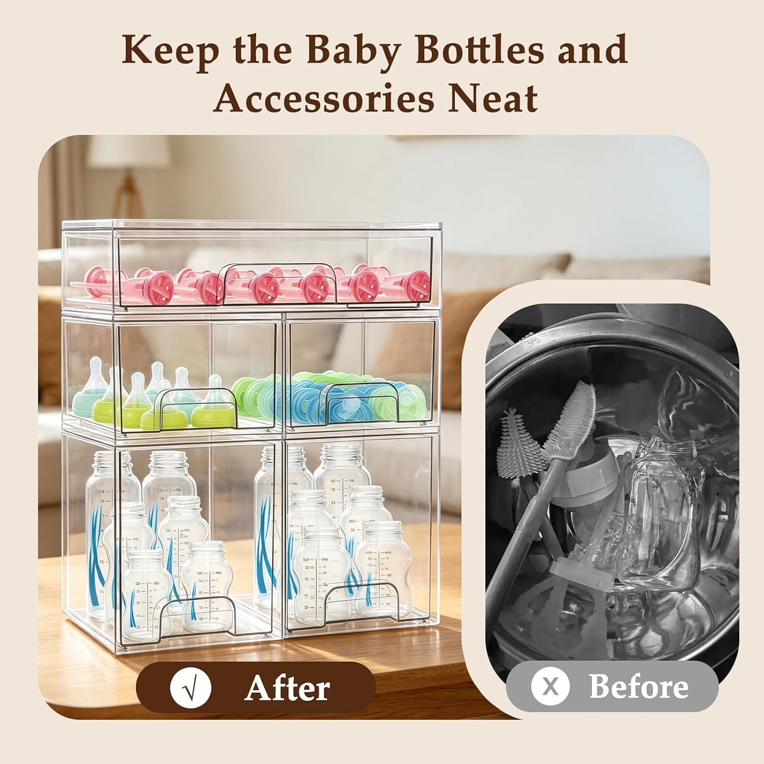 Detalle 2 de Gifhomfix GF-BYST-5P 5-Drawer Baby Bottle Organizer, Clear and Stackable