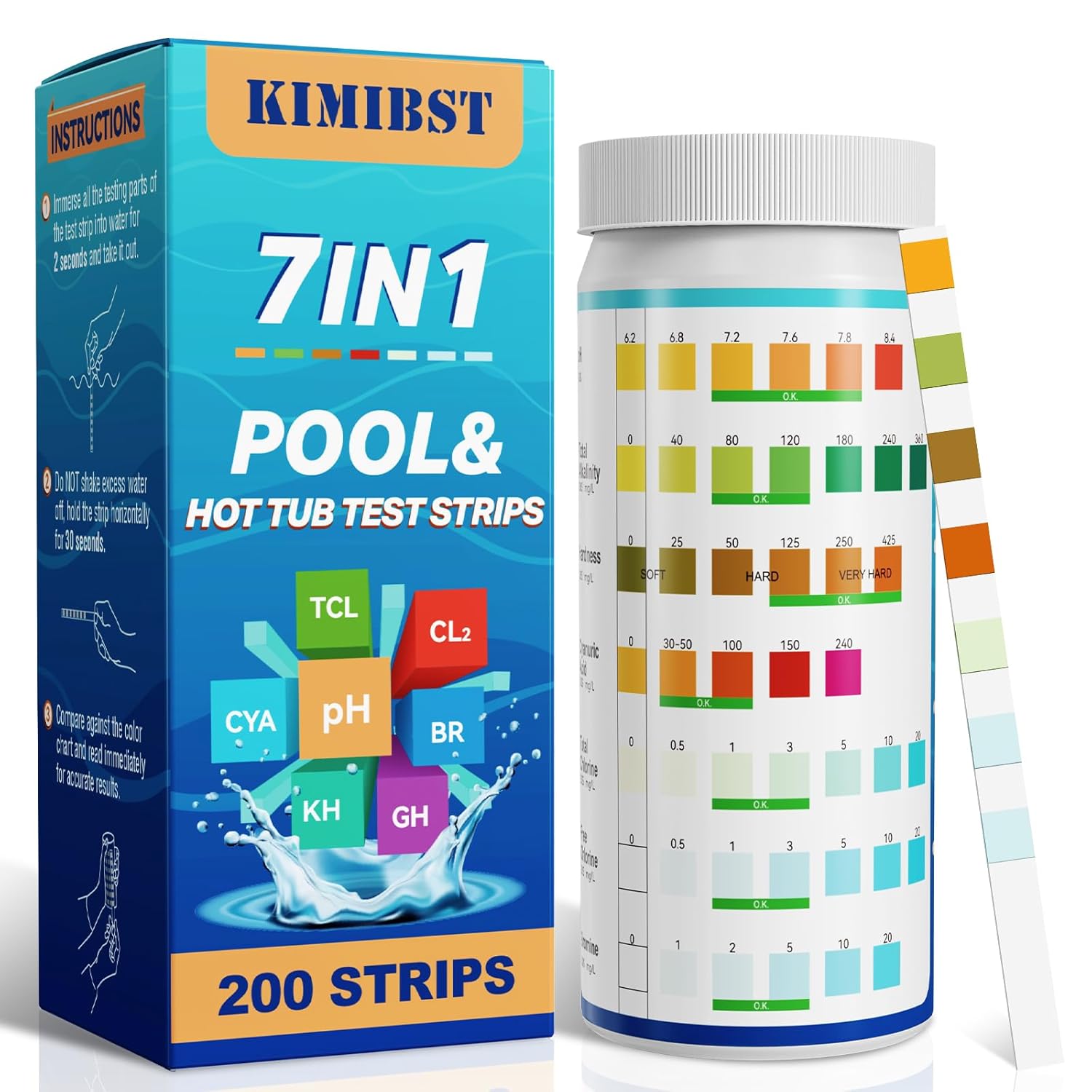 Detalle de KIMIBST Pool-Teststreifen 7-in-1 – 200 Stück für Brom, pH-Wert, Gesamtchlor, freies Chlor, Härte, Cyanursäure
