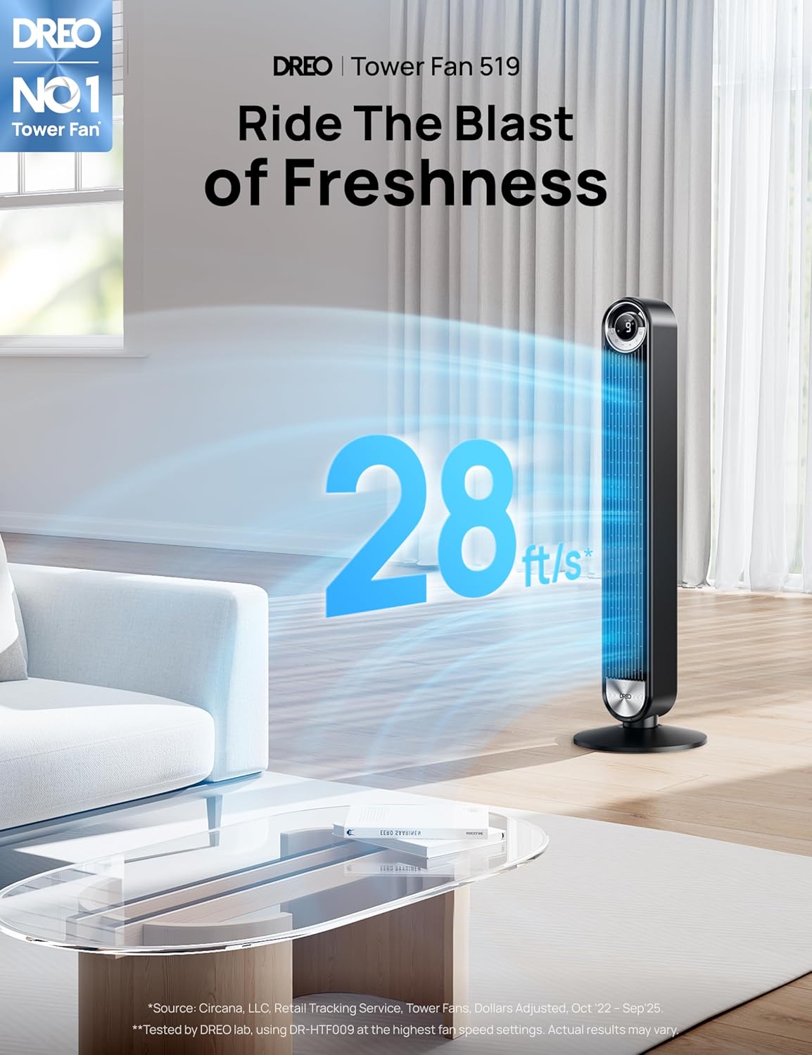 Detalle 2 de DREO 519 Tower Fan, 42-Inch Bladeless Fan with 9 Speeds and Oscillation
