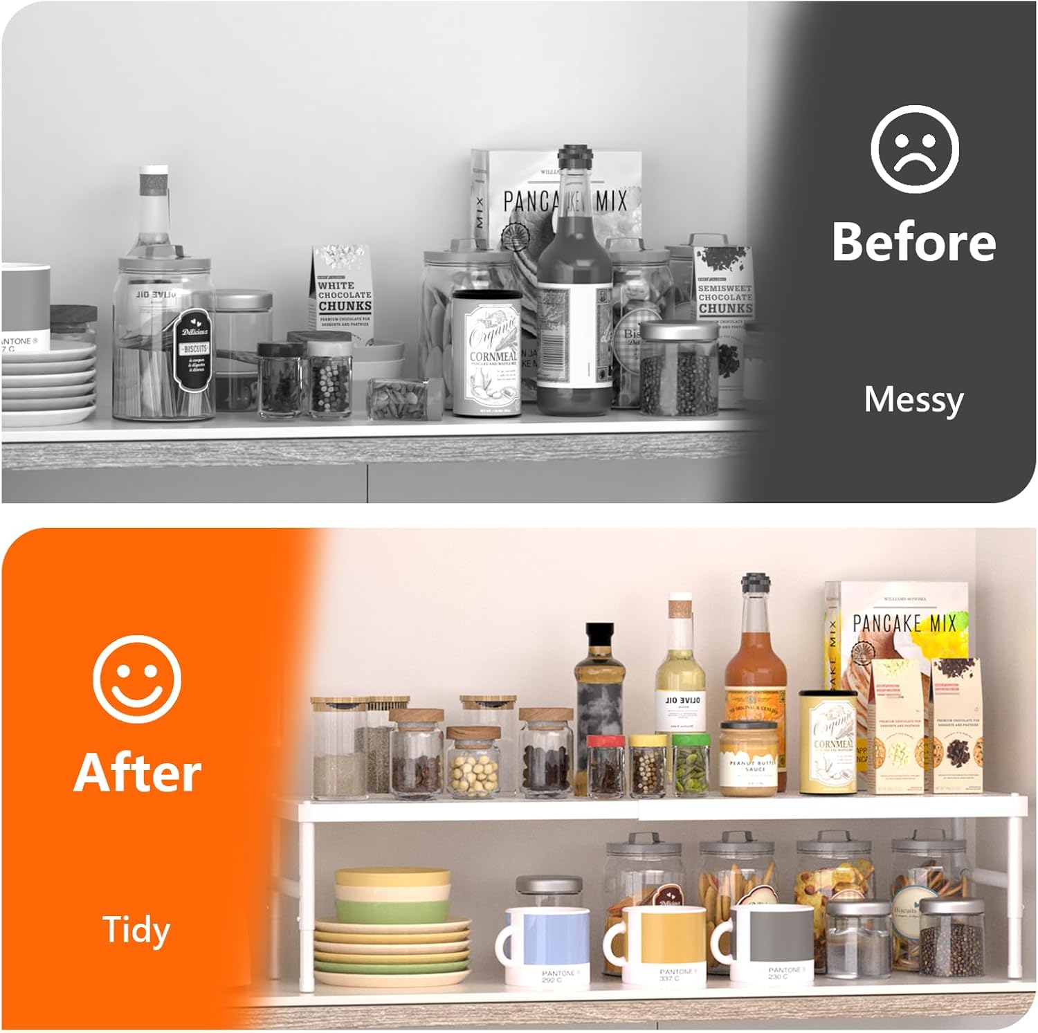 Detalle de SKYSER expandable adjustable spice rack for cabinet shelves (white) – 41.7–72cm range
