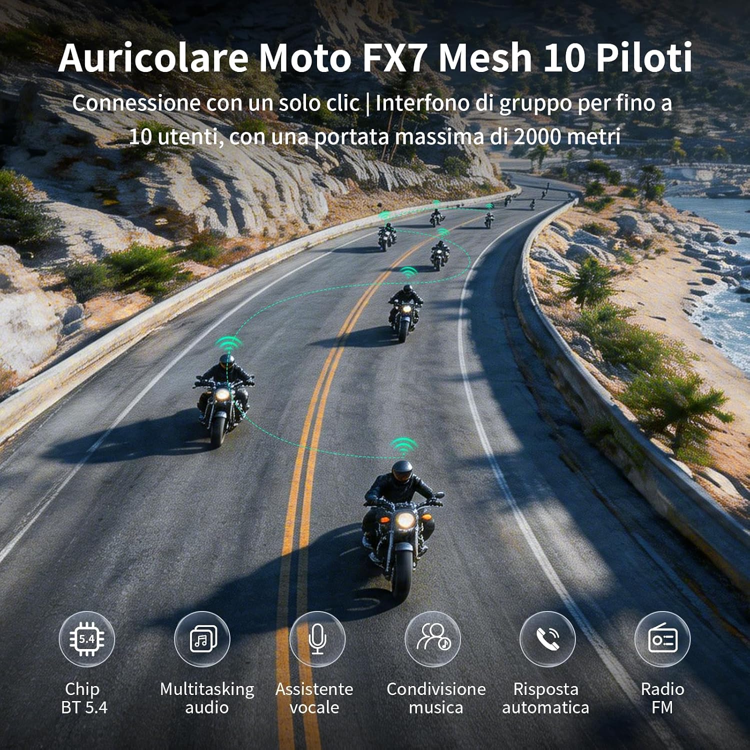 Detalle de Fodsports FX7 10: interfono moto Mesh per 10 rider, doppio chip V5.4 e audio multitasking