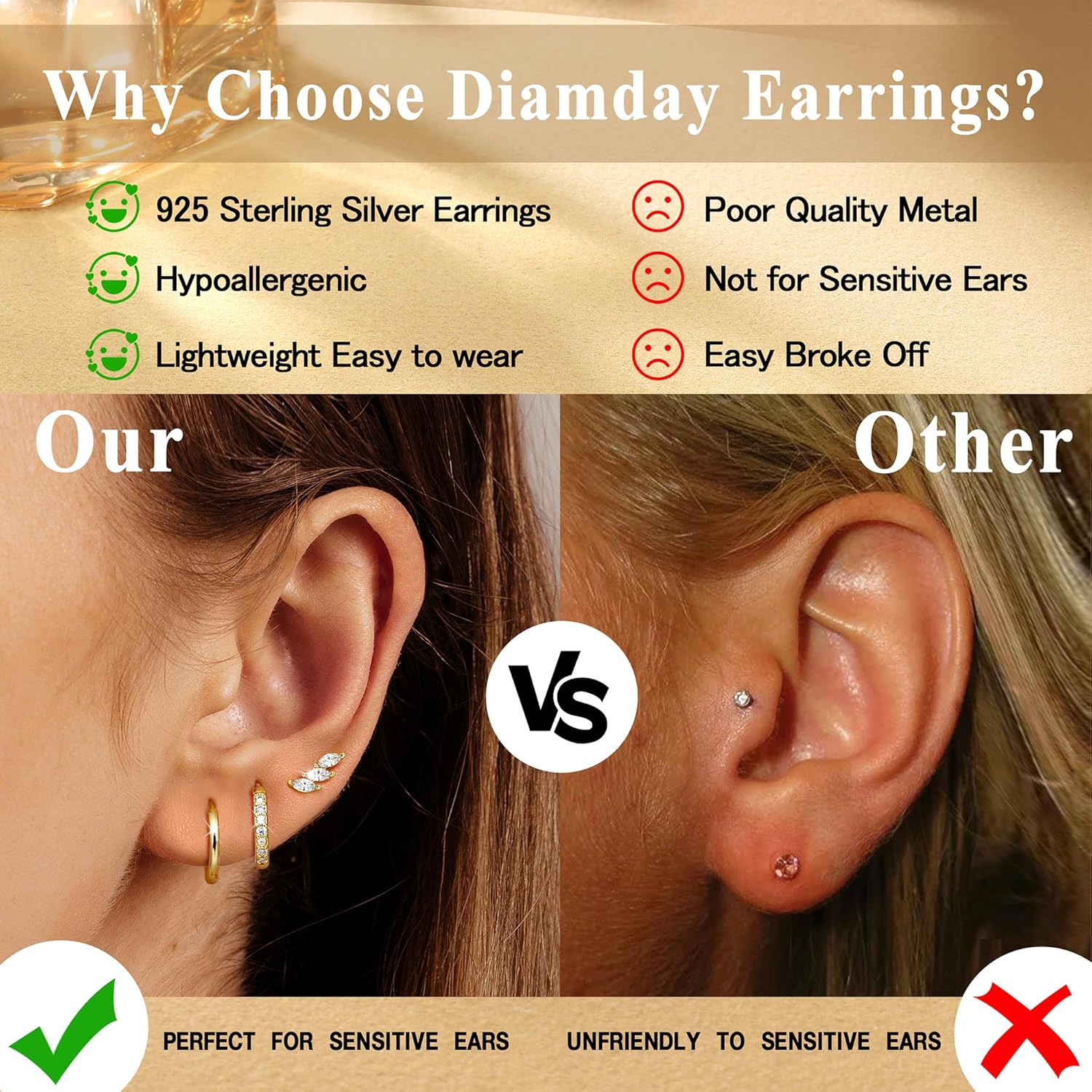 Detalle de Diamday 3 Paar Ohrringe Silber 925 Creolen – hypoallergen und vergoldet