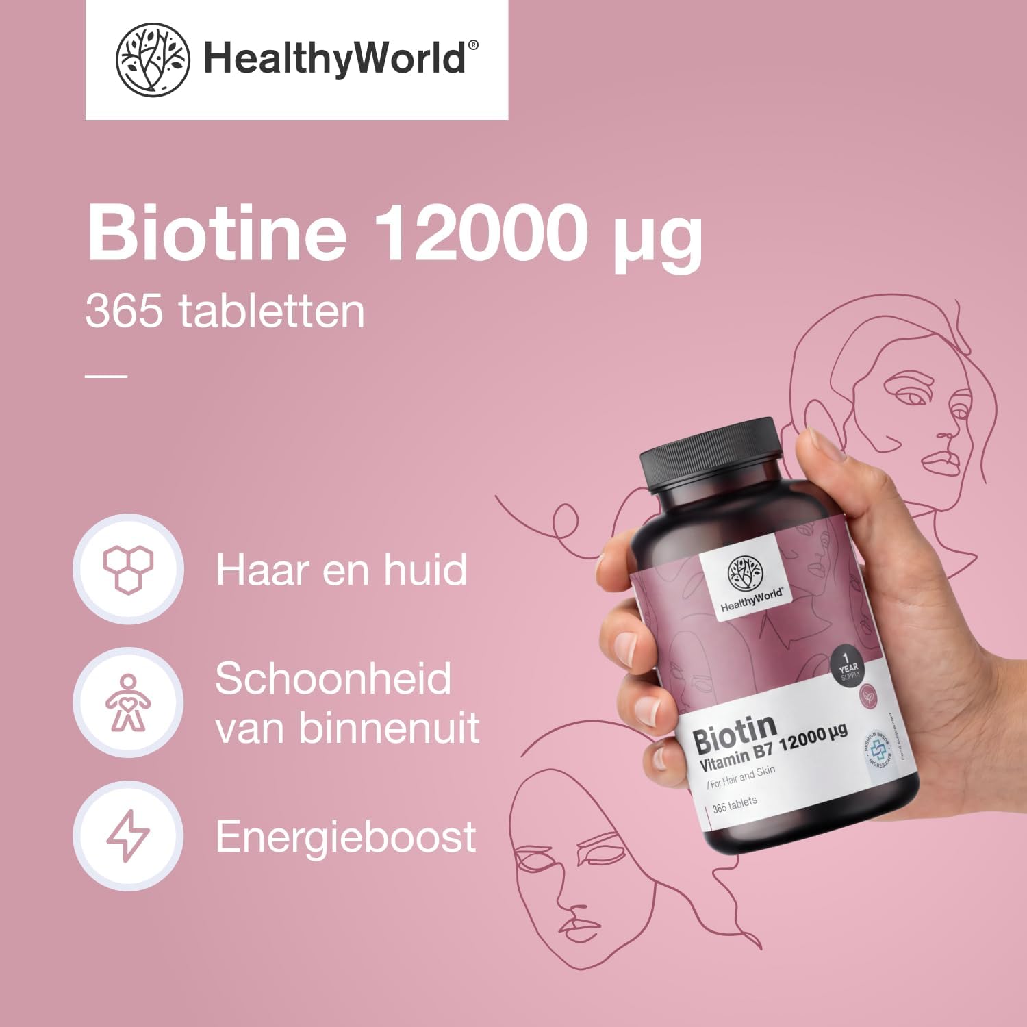 Detalle 2 de HealthyWorld Biotine 12.000 µg, 365 tabletten vitamine B7 voor haar, huid en nagels