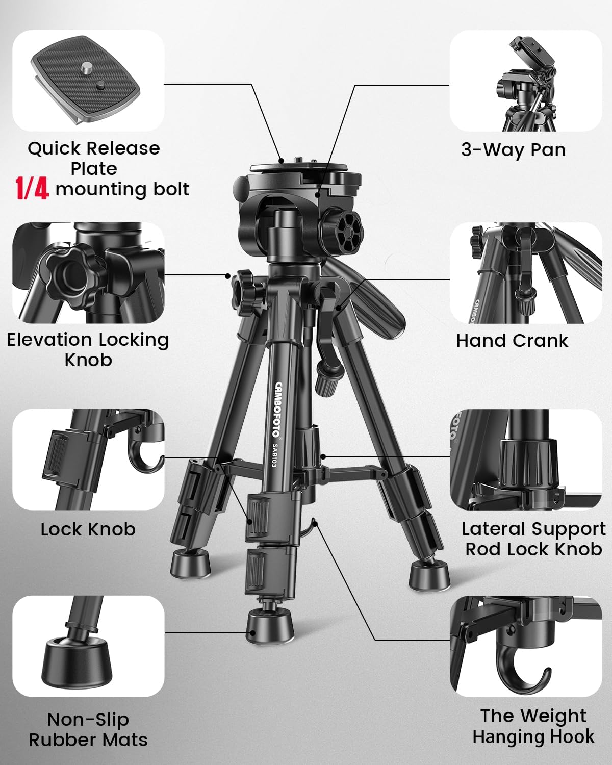 Detalle de CAMBOFOTO SAB103 Camera Tripod with 3-Way Pan Head and Quick-Release Plate