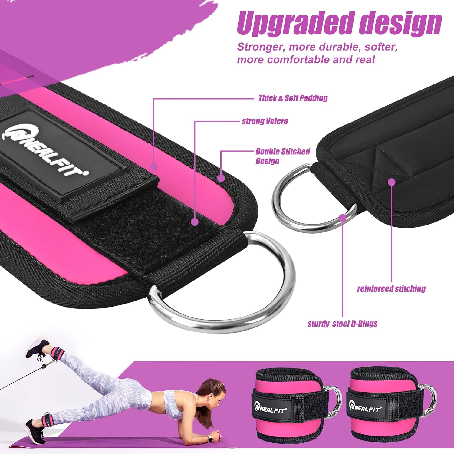 Thumbnail 2 de NEALFIT Ankle Straps for Cable Machines, Pink 7 mm Neoprene Pair