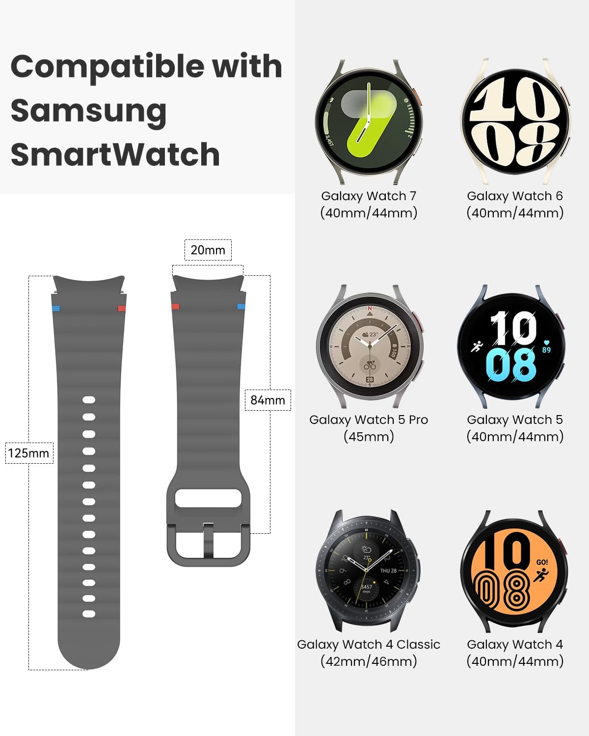 Thumbnail 1 de Yoohoo 20mm Silicone Watch Straps for Samsung Galaxy Watch 7/6/5/4 & FE – 40/44mm, 43/47mm, 45mm, No Gap Sport Bands