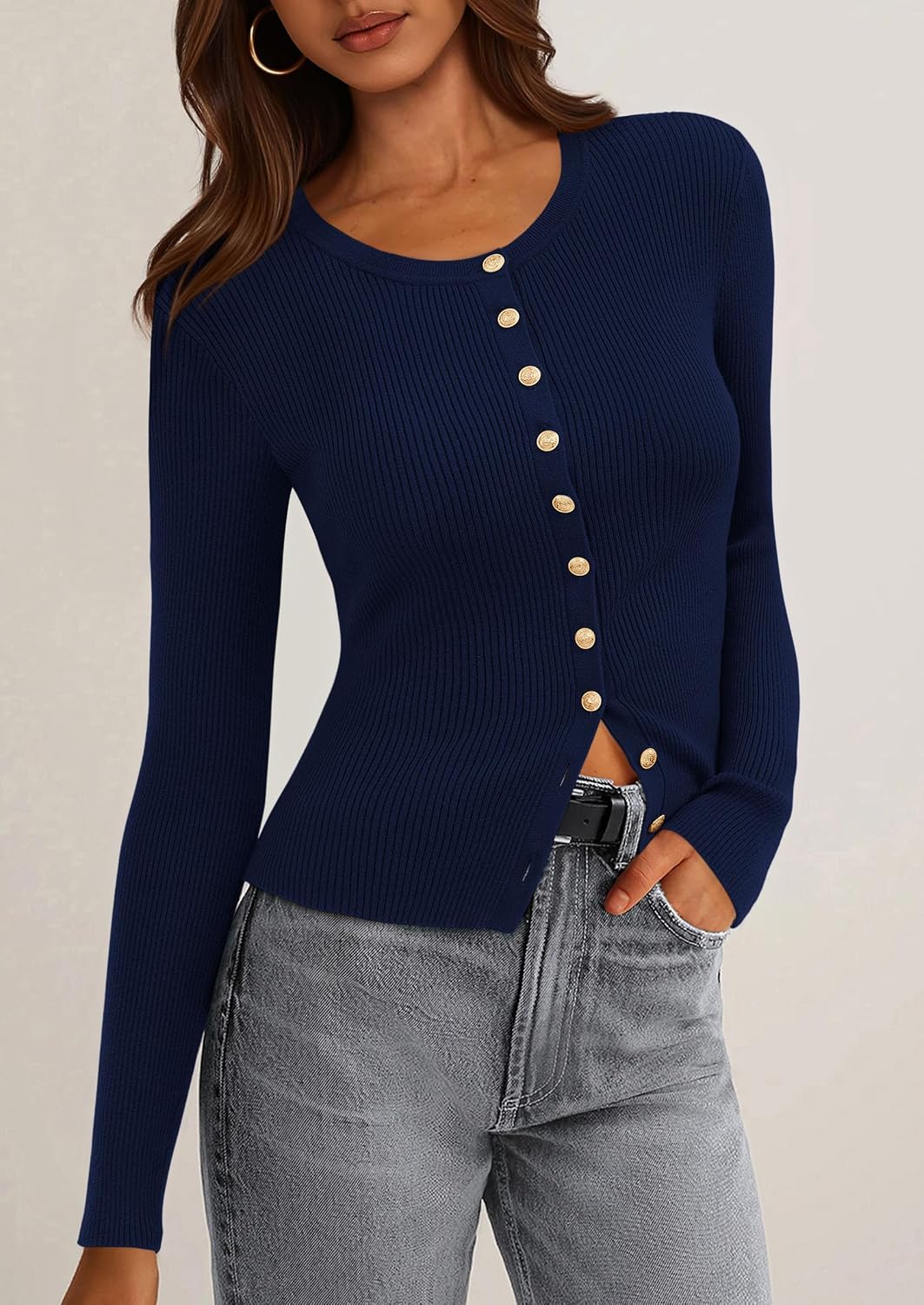 Detalle 2 de PRETTYGARDEN Women's Ribbed Knit Cardigan, Lightweight Slim-Fit Button-Up