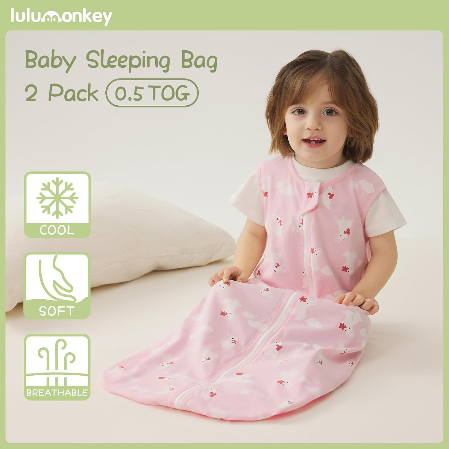 Detalle 2 de LULUMONKEY Baby Sleeping Bag 0.5 Tog 18-36 Months (2 Pack) – 100% Cotton Summer Sleep Sack