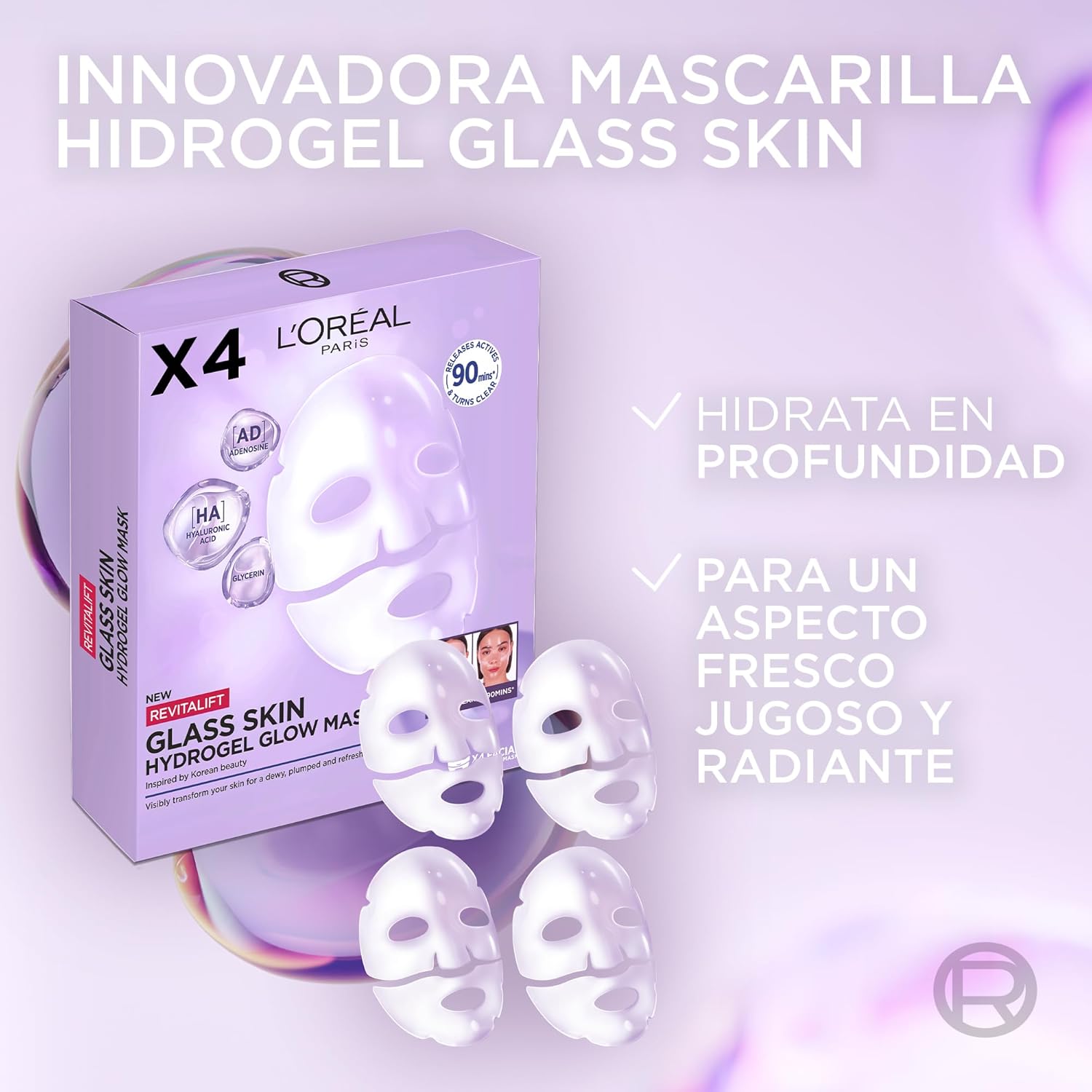 Detalle de L'Oréal Paris Revitalift Filler Glass Skin Mascarilla Facial Hidrogel – Pack 4
