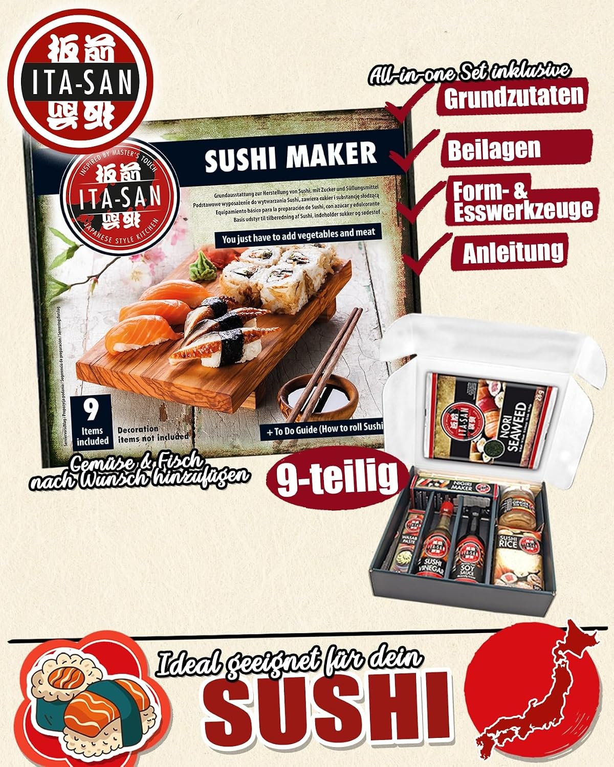 Detalle 2 de ITA-SAN Sushi Set (9-teiliges Komplettset) – Ideal für Anfänger, zum Ausprobieren oder Verschenken