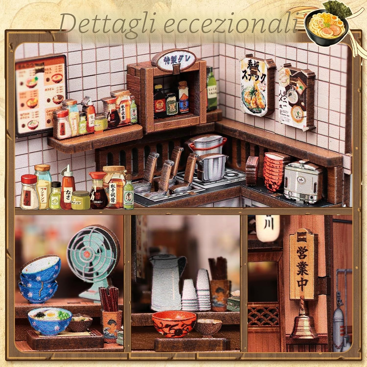 Detalle de CUTEBEE Kit Book Nook Fai da Te – Chiosco di Noodles Giapponesi, Kagawa Udon House, 103 pezzi in legno
