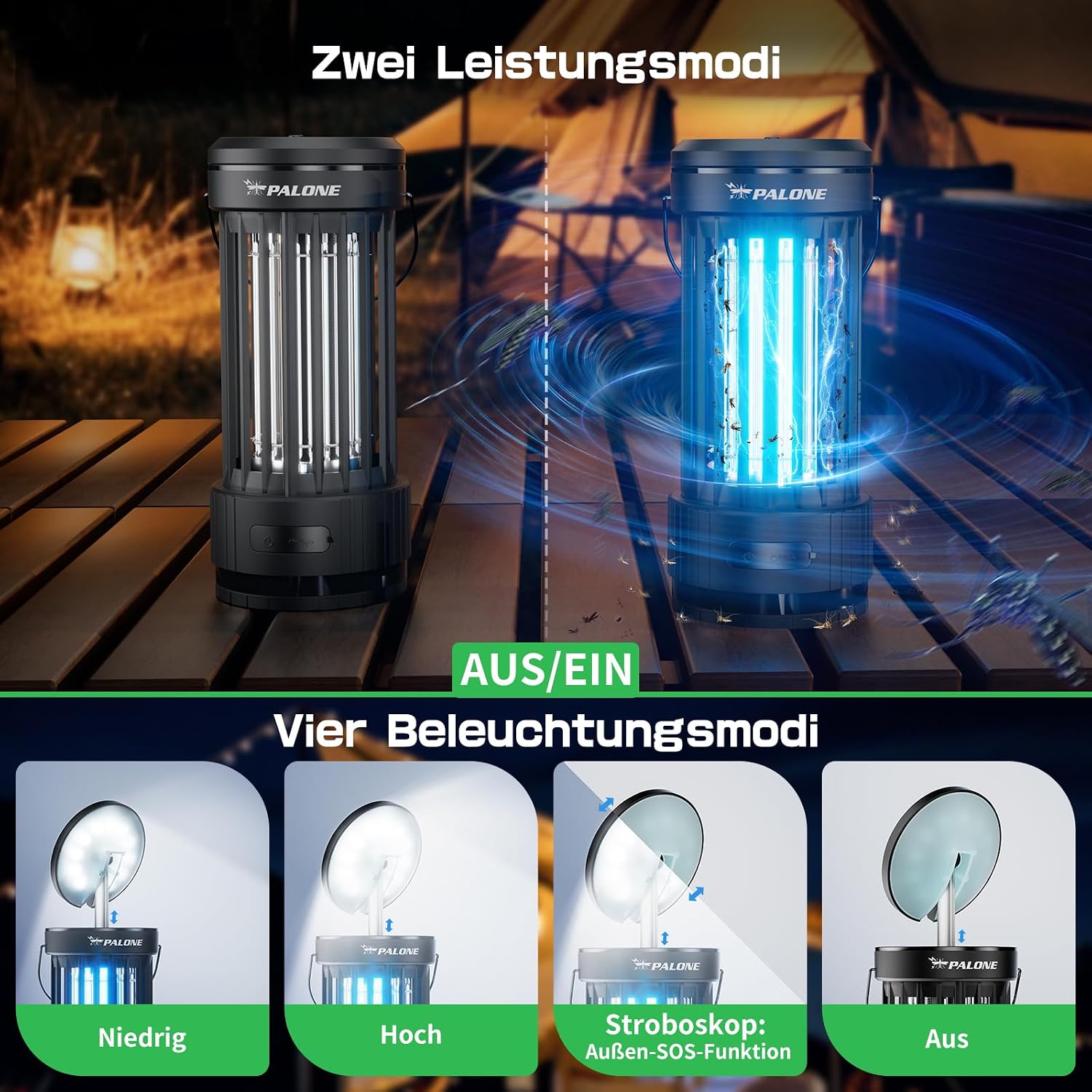 Thumbnail 3 de PALONE Elektrischer Insektenvernichter mit ausziehbarer Stange, 4000 mAh, 4500 V, USB-C, UV-Licht und LED-Beleuchtung