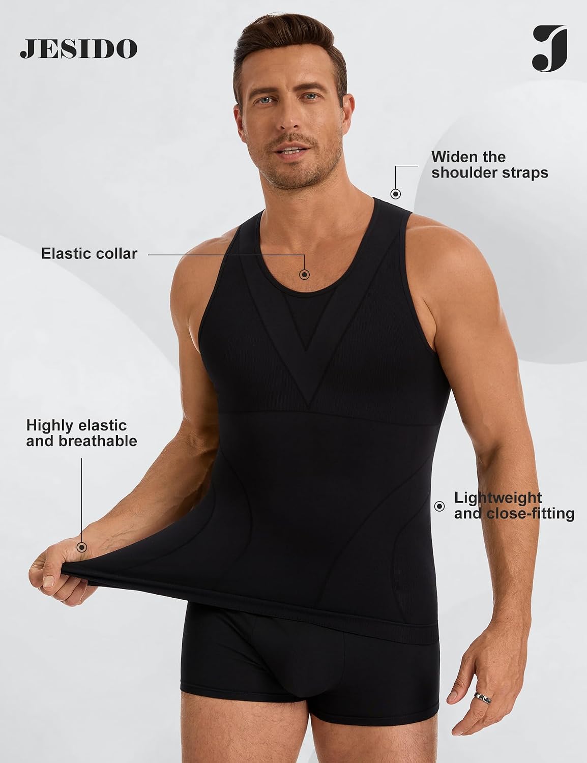 Detalle de JESIDO 3-Pack Men's Compression Tank Tops, 92% Polyamide, Sweat-Wicking