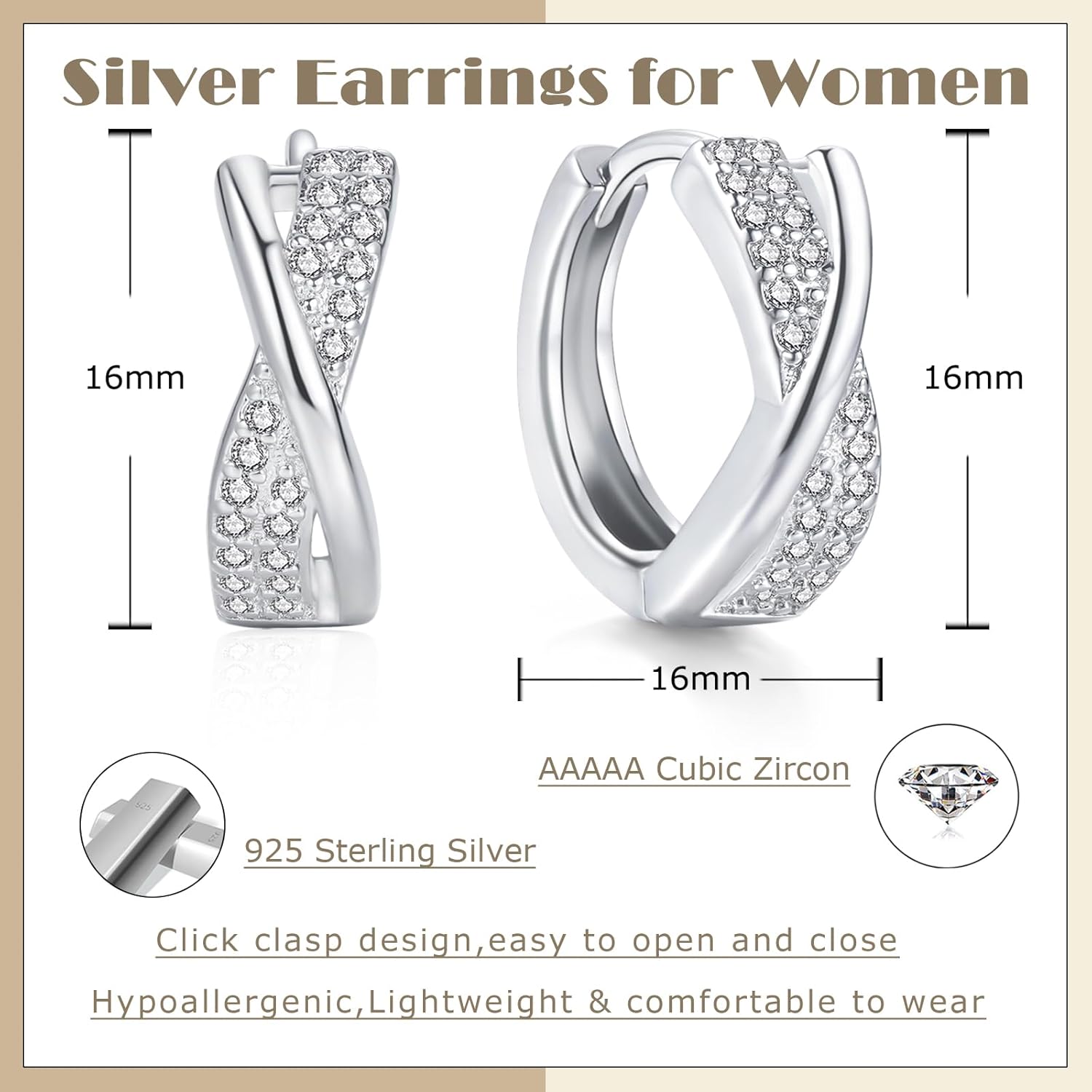 Thumbnail 1 de Loutade Creolen Silber 925 – Unendlichkeitszeichen, Cubic Zirkonia, hypoallergene Huggie-Kreolen (16 mm)