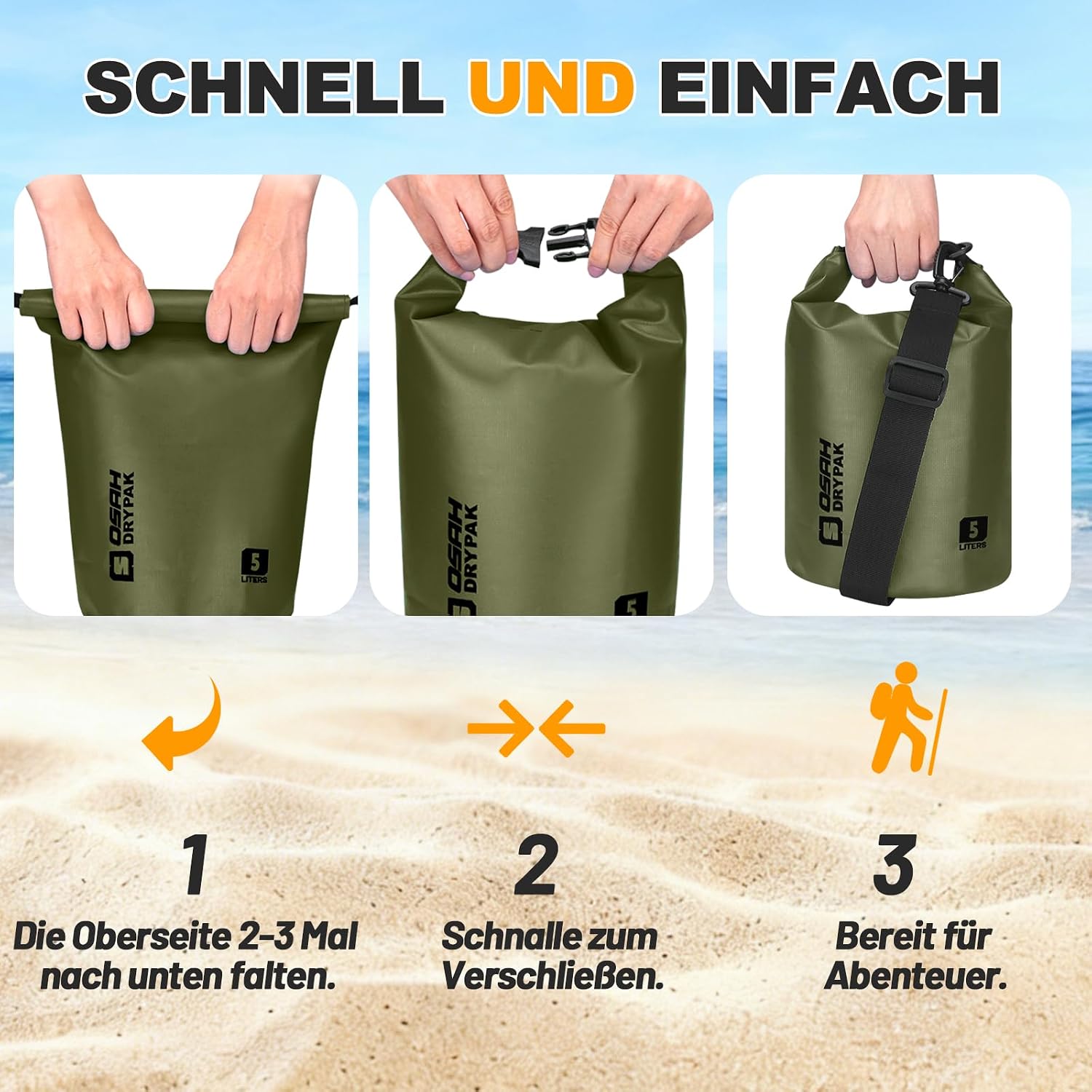 Detalle de OSAH DRYPAK Dry Bag: Wasserdichte Beutel mit Schultergurt und IPX8-Hülle für Kajak, Camping und Co. 5–55L