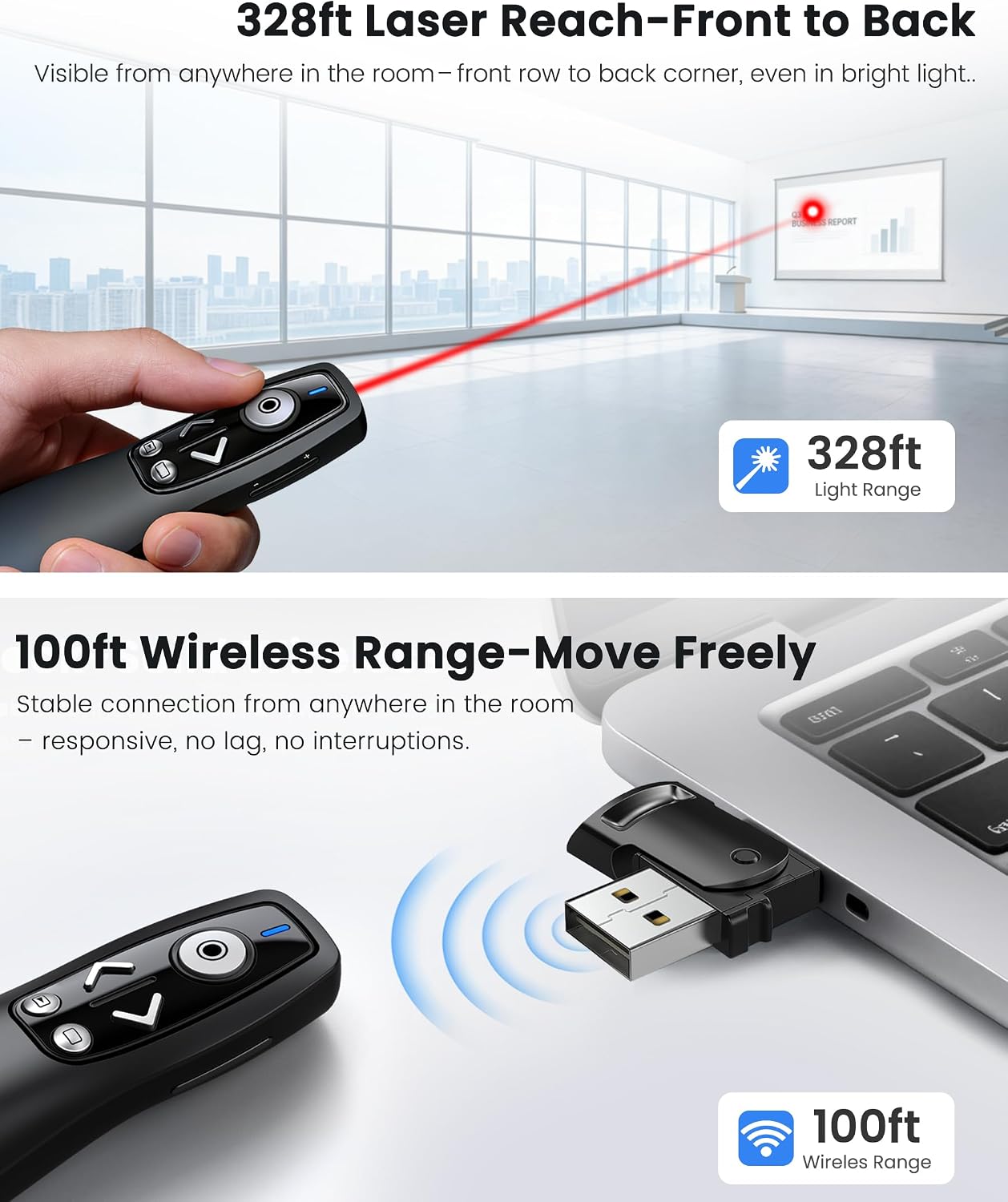 Detalle de ELISWEEN Wireless Presentation Clicker with USB-A/USB-C Receiver, Red Pointer